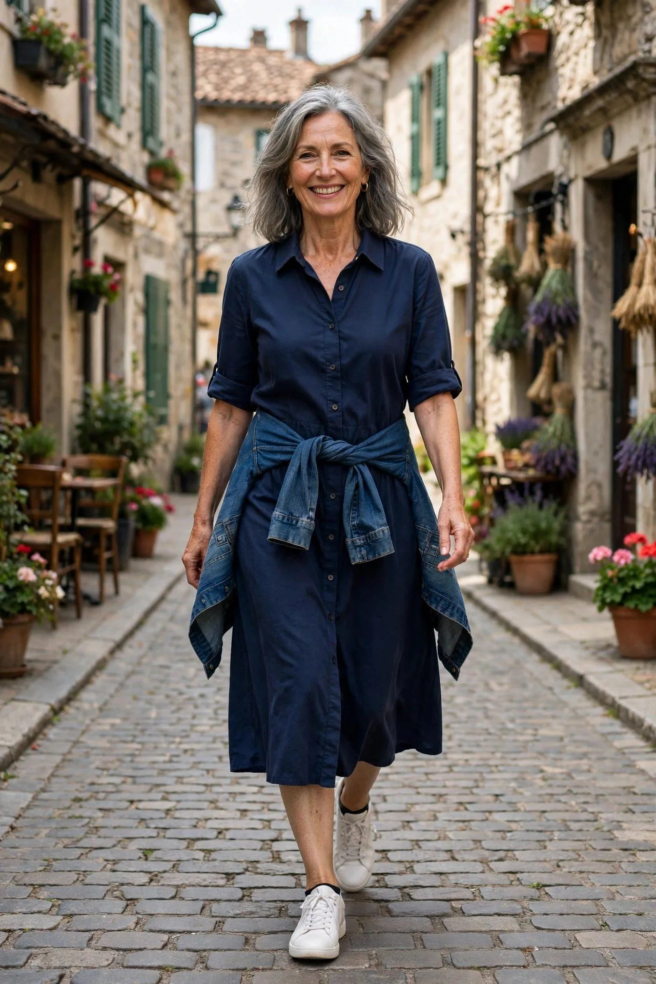 Simple Casual White Sneakers + Navy Midi Dress