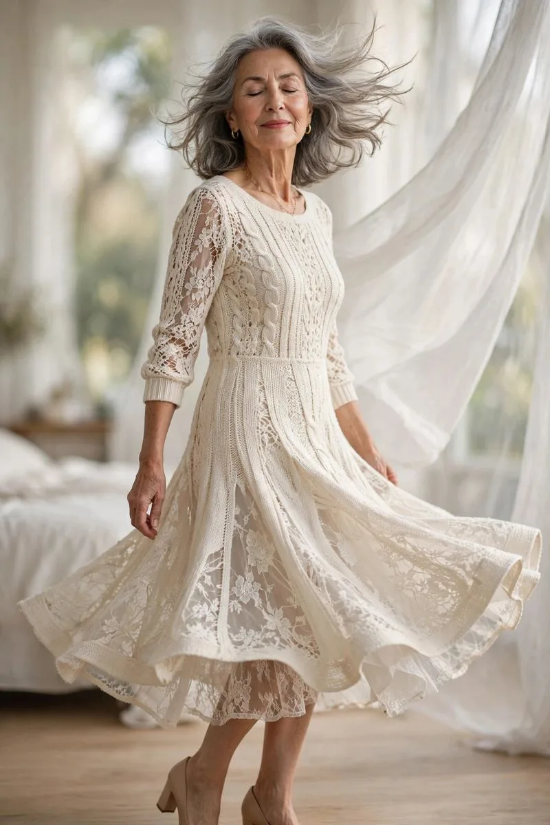 Elegant mature woman walking gracefully outdoors in a flowing floral midi dress at sunrise.