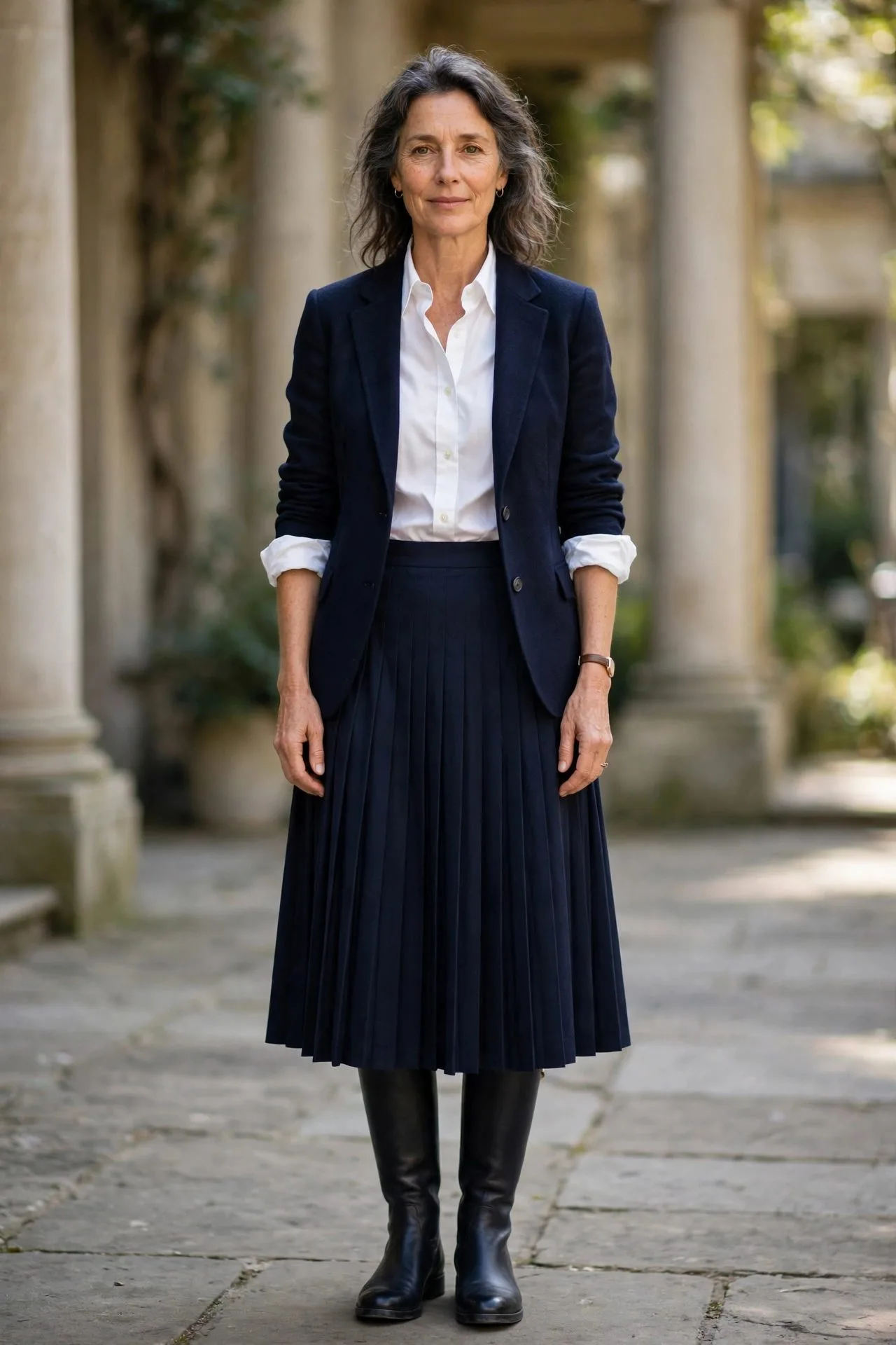 Woman over 50 in white Oxford shirt and navy pleated skirt