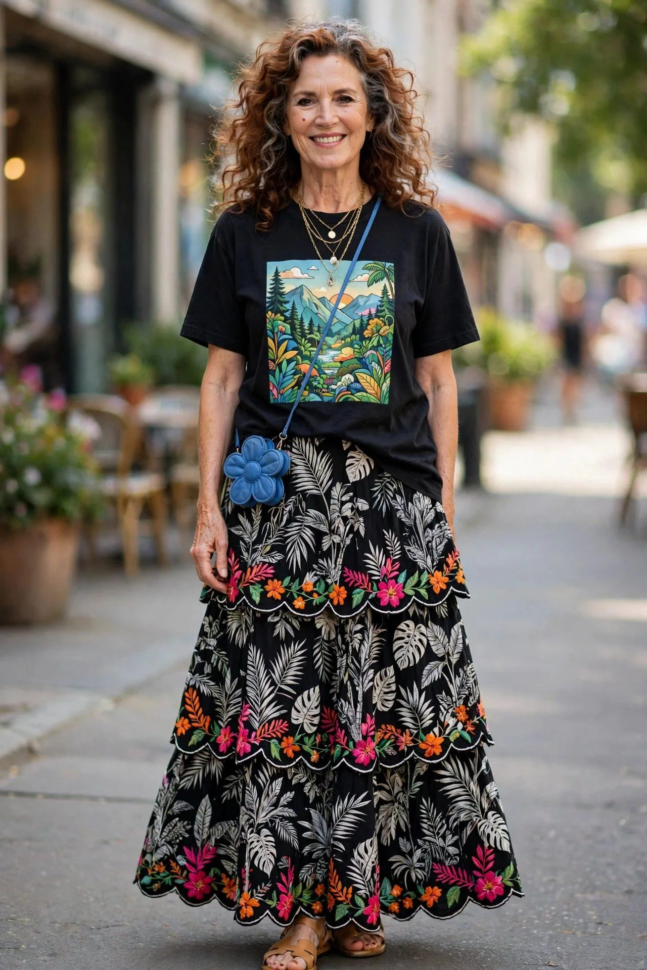 Joyful older woman mixing prints in a jungle-graphic black tee and embroidered tiered maxi skirt with a novelty flower bag.