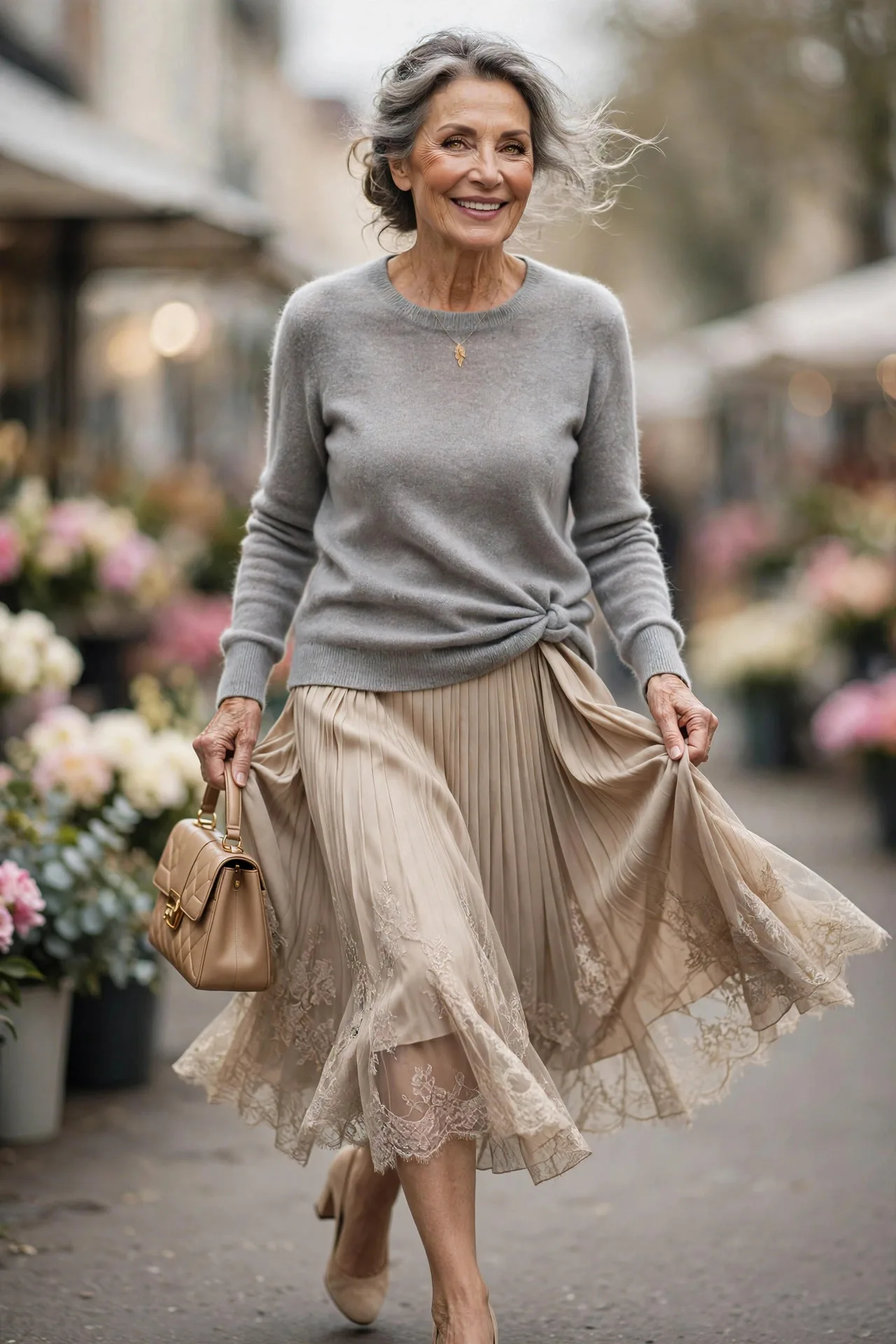 Cashmere and Pleats — A dove-grey cashmere crewneck sweater half-tucked into a champagne pleated midi skirt, with low block-heel pumps and a delicate gold necklace.