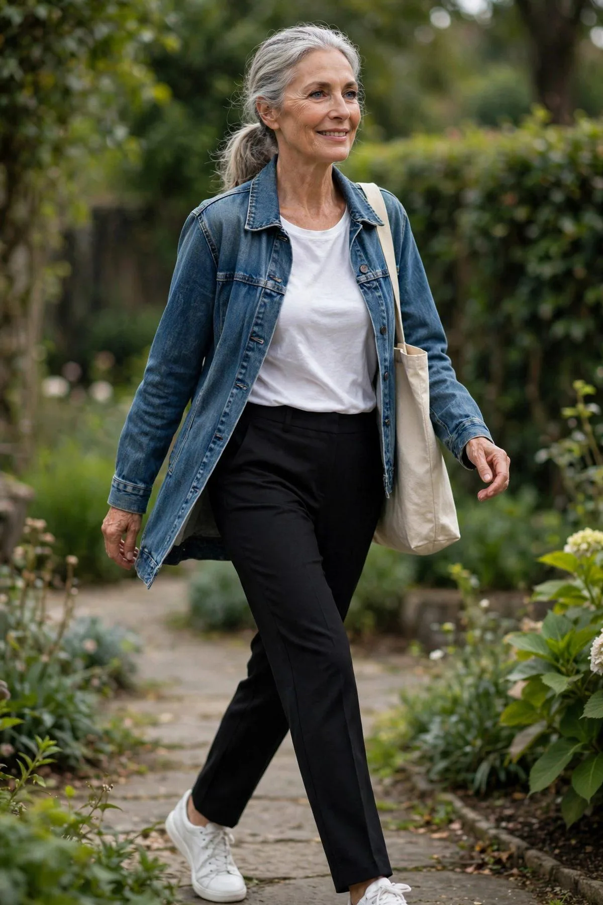 Denim Jacket, White Tee & Black Tailored Pants