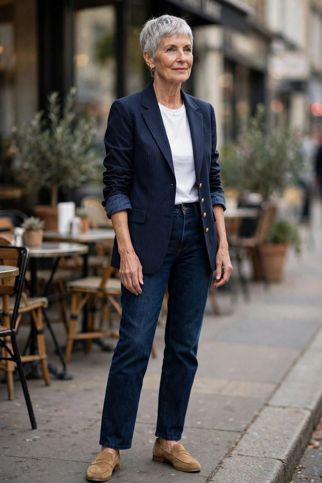 Woman in her 60s pairing a pinstripe blazer with dark straight jeans and casual loafers.