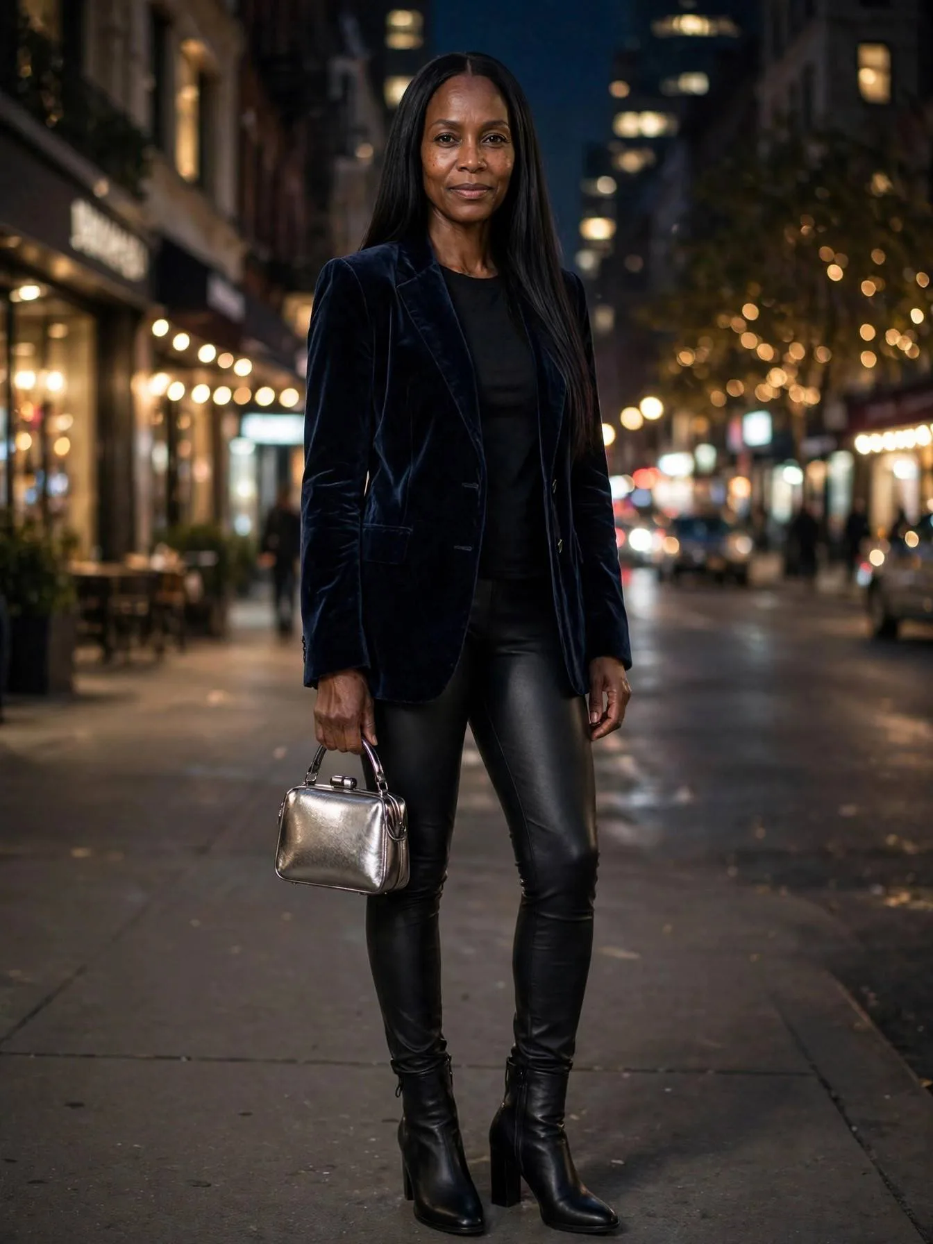Woman in a velvet blazer and faux leather leggings at evening event.