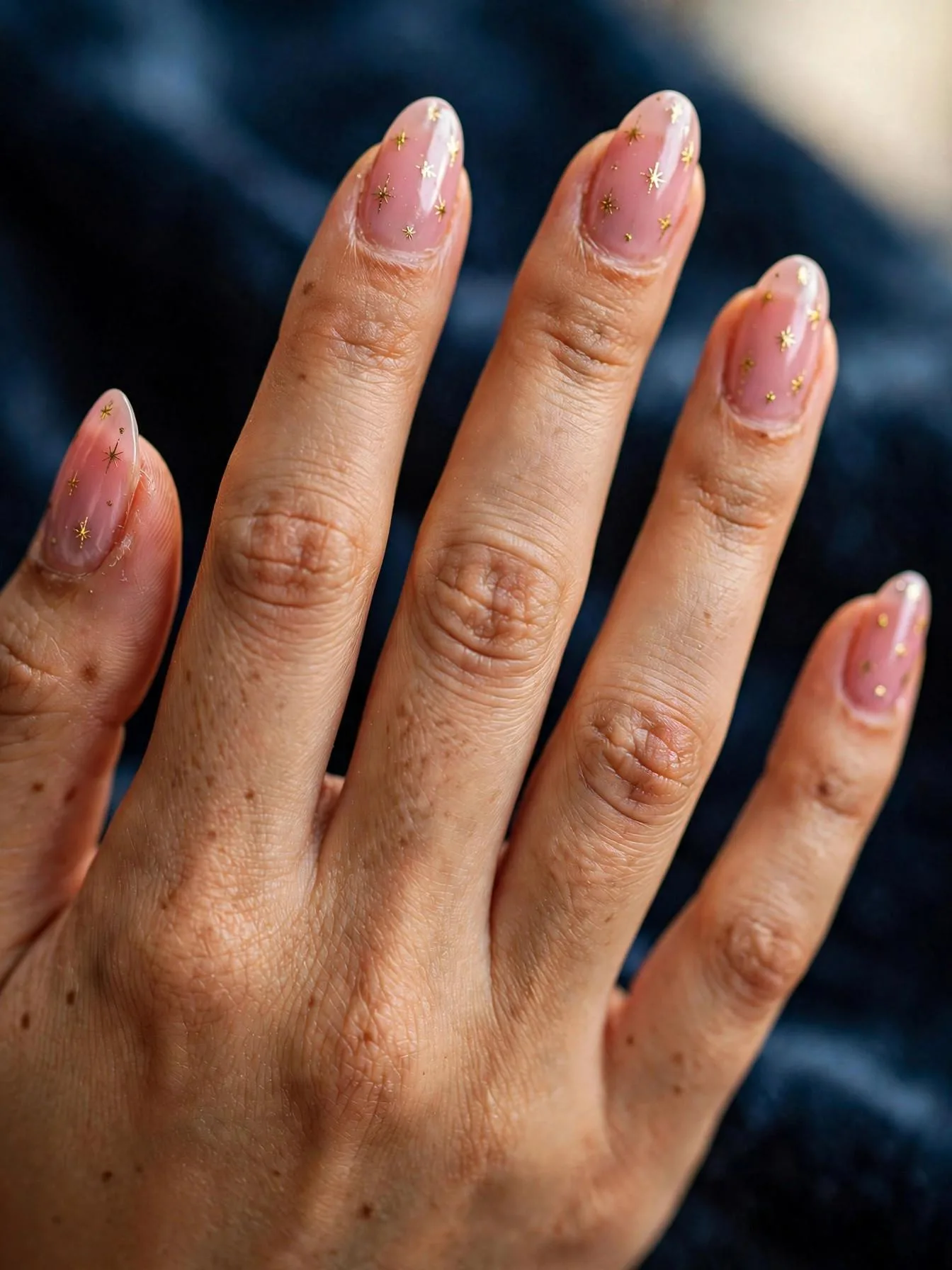 Light pink almond nails sprinkled with tiny celestial star shapes.