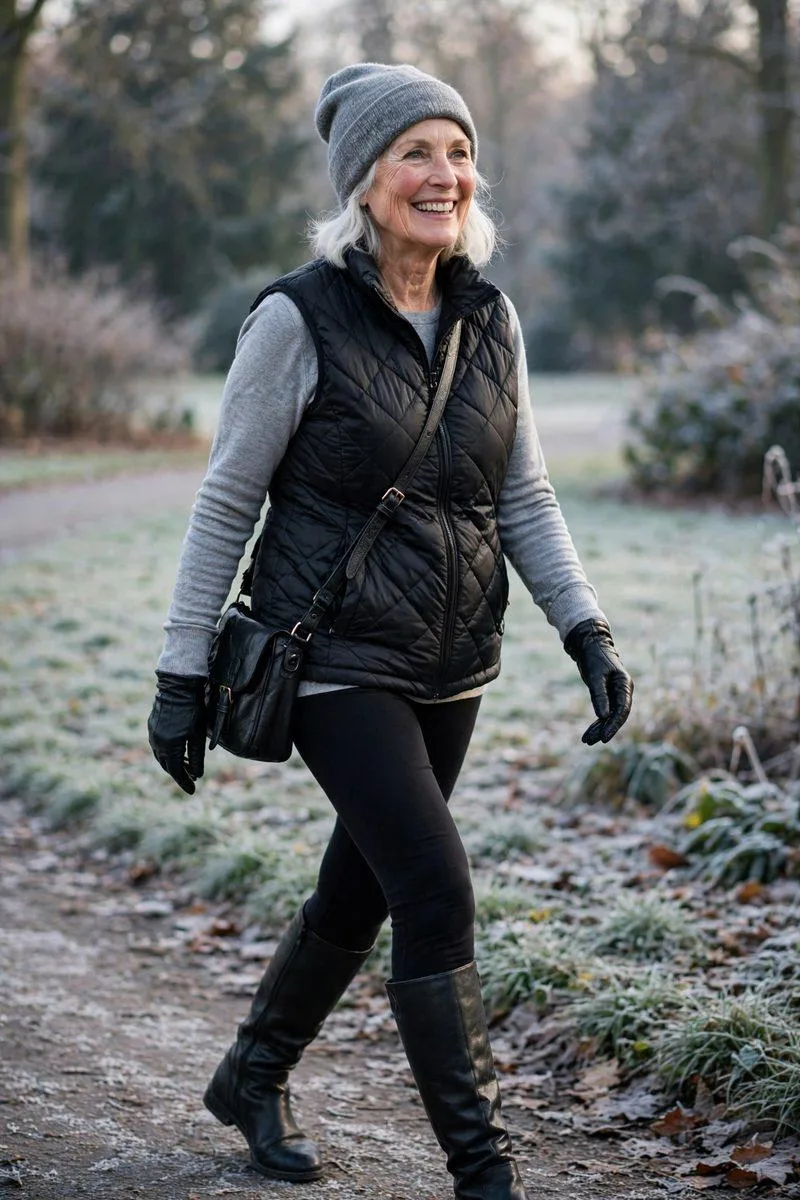 Cheerful older woman with white hair under a grey beanie in a quilted black vest, grey tee and opaque leggings