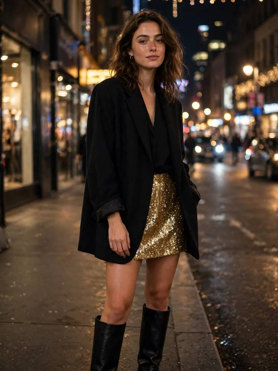 Oversized Blazer + Sequin Mini + Boots