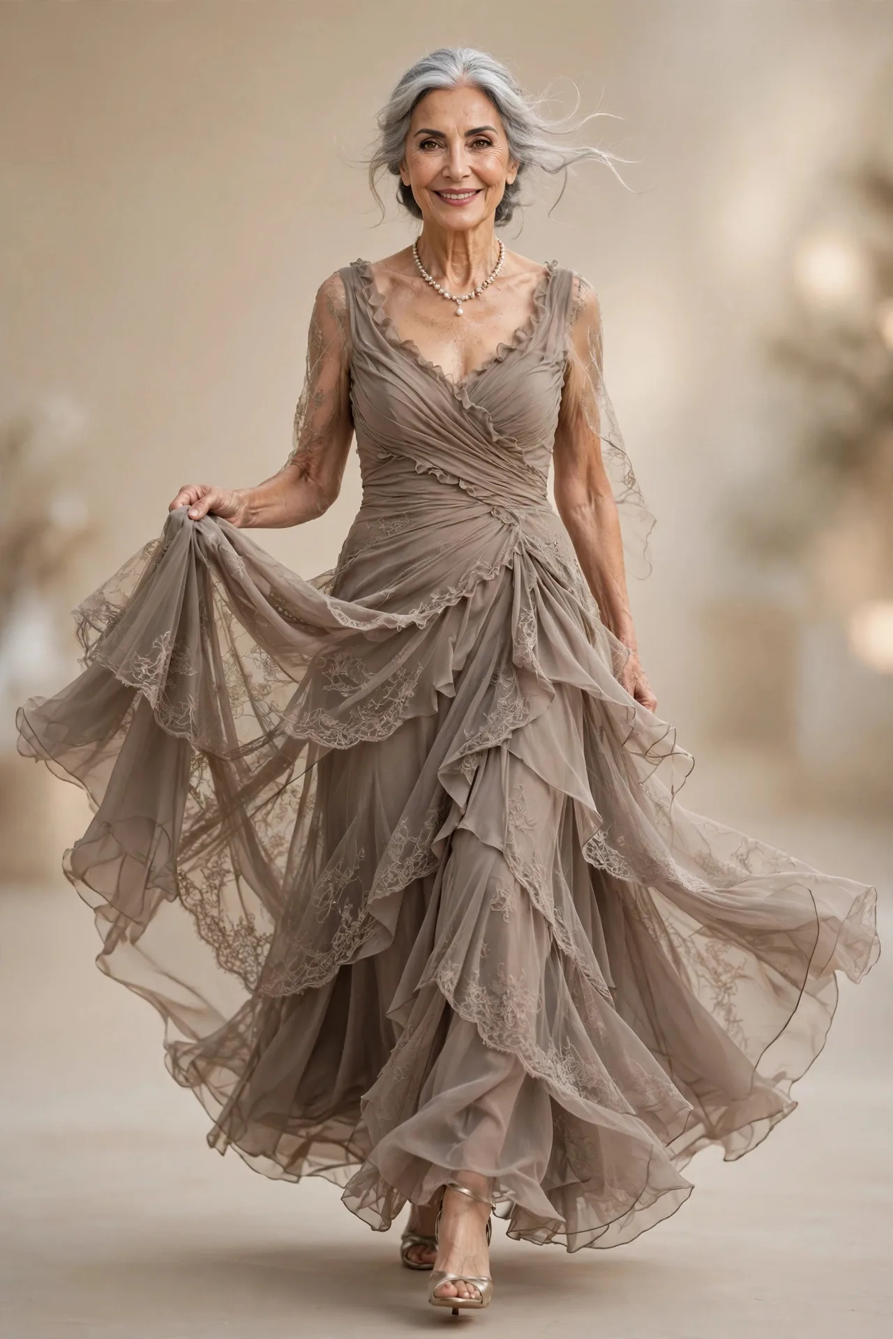 Serene mature woman wearing taupe layered chiffon gown at formal wedding