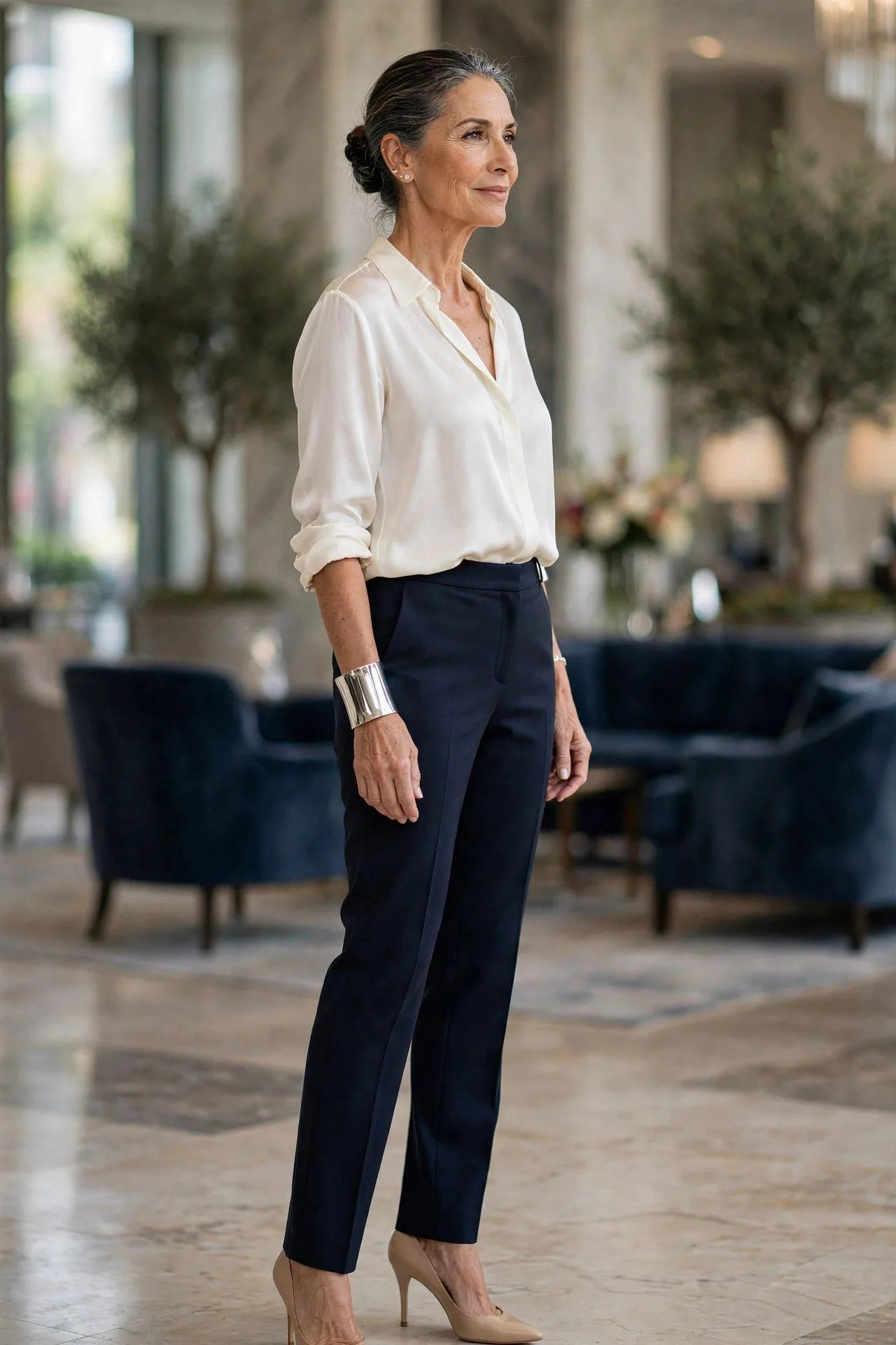 One commanding brass cuff, bare neckline, tiny diamond studs — effortless statement styling.