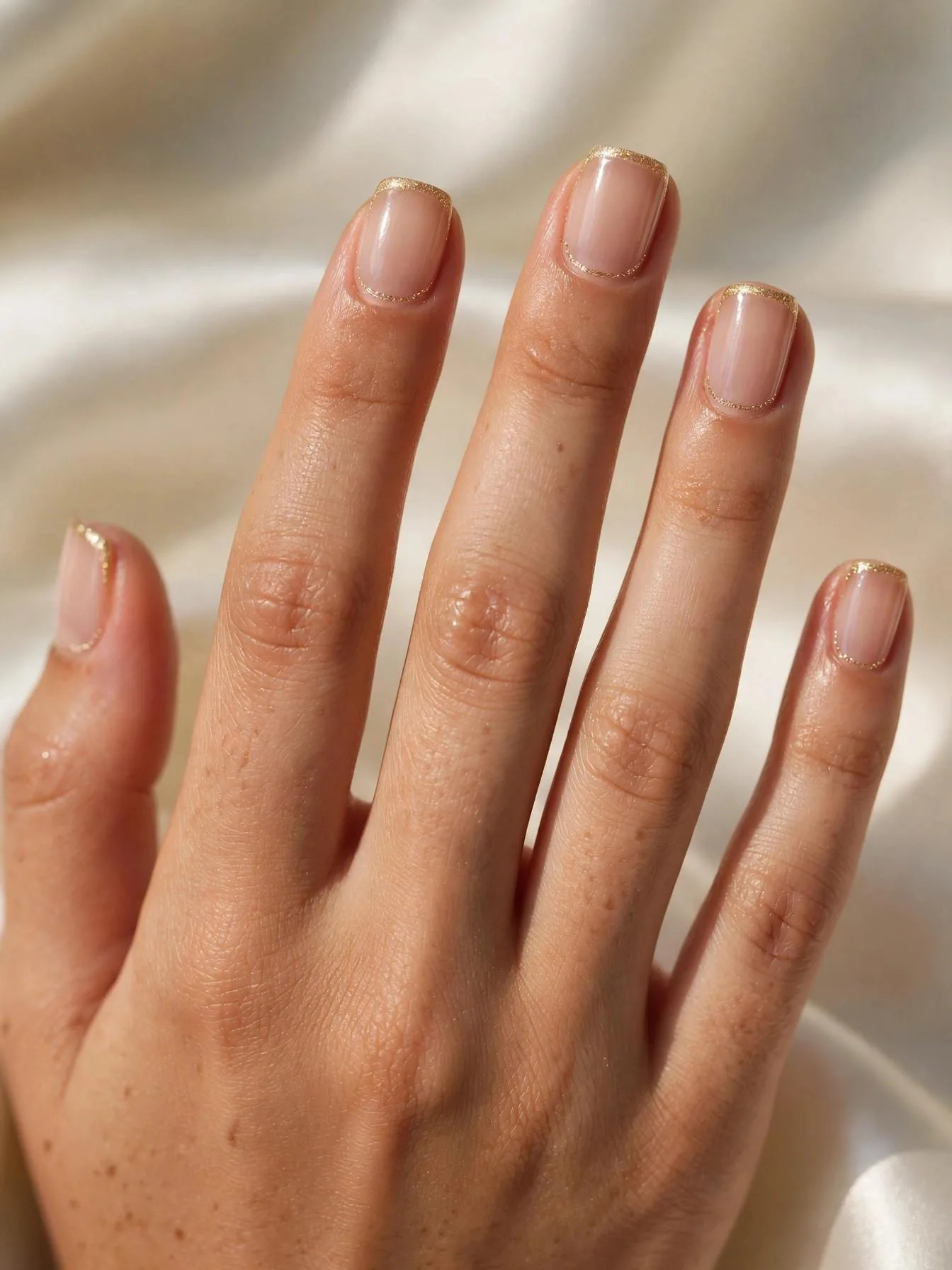 Short square nude nails with ultra-fine gold glitter French edge.