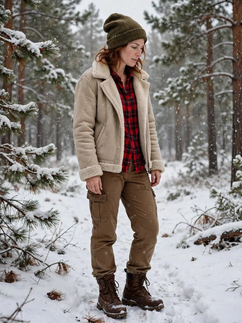 Woman in sherpa jacket, beanie and cargo pants in falling snow.