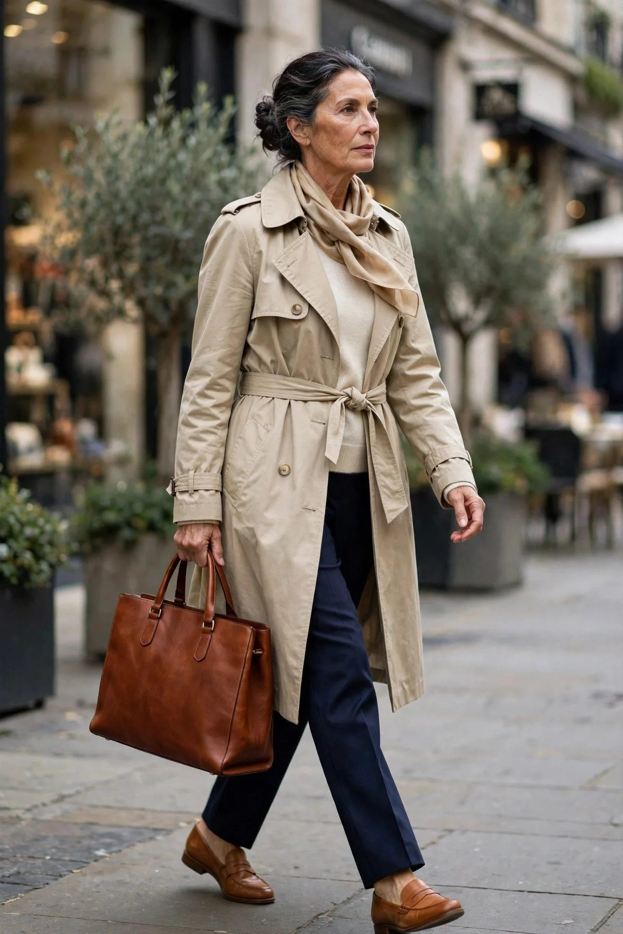 Assured mature woman holding a structured chestnut-brown leather carryall with a sand trench coat, enduring bag sophistication.