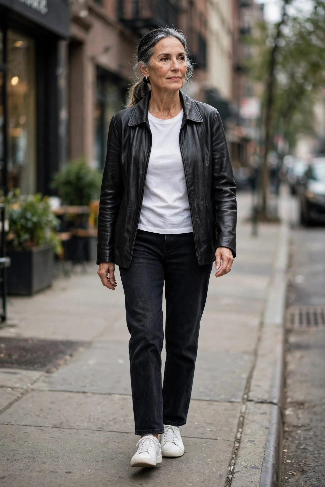 Leather Jacket + White Tee + Dark Jeans