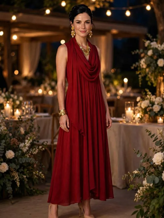 A woman in a red scarf-detail maxi dress with gold jewelry.