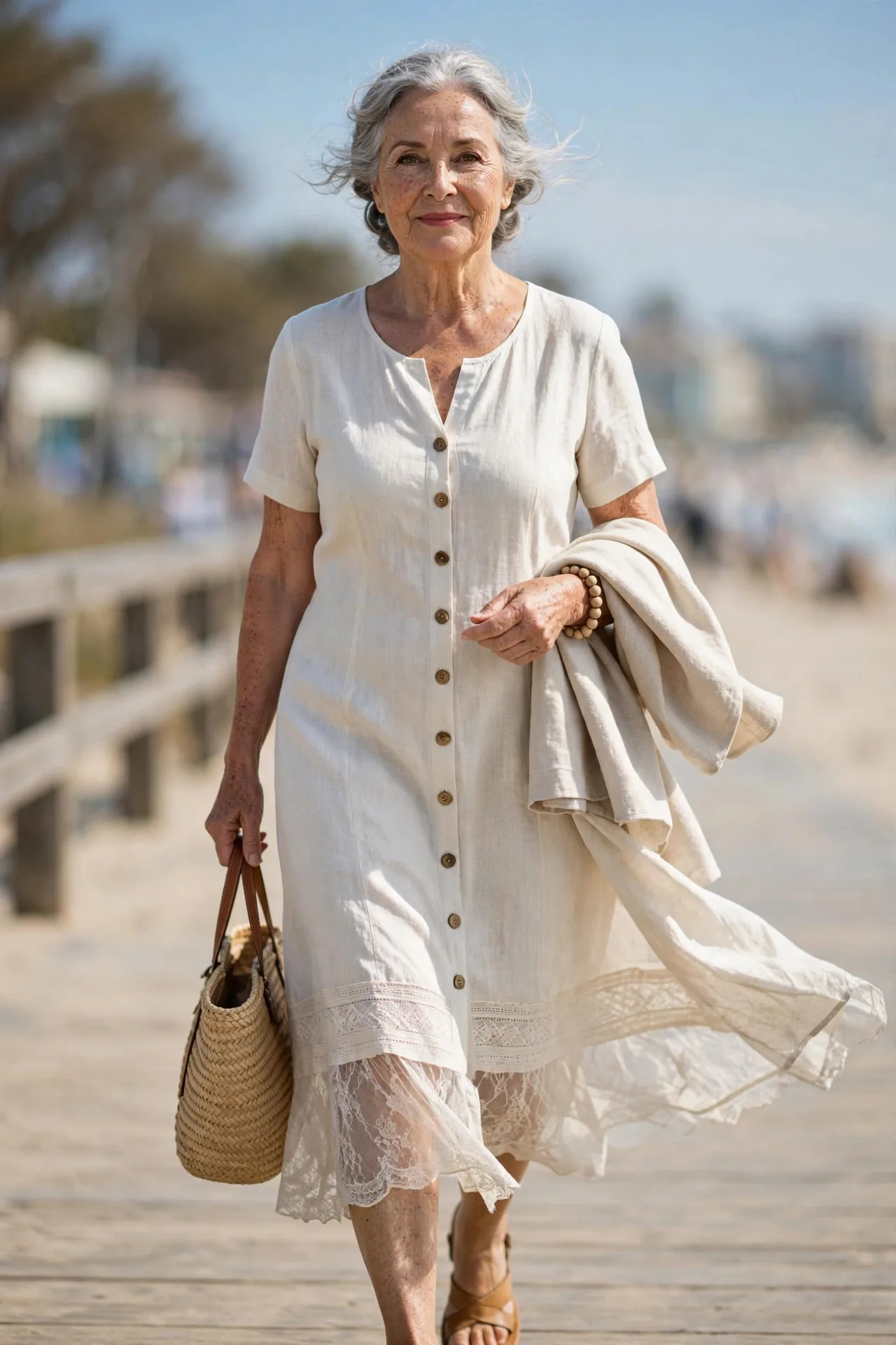 Linen Summer Shift — A warm-white linen shift dress with a straight cut, wooden buttons down the front, and short sleeves.