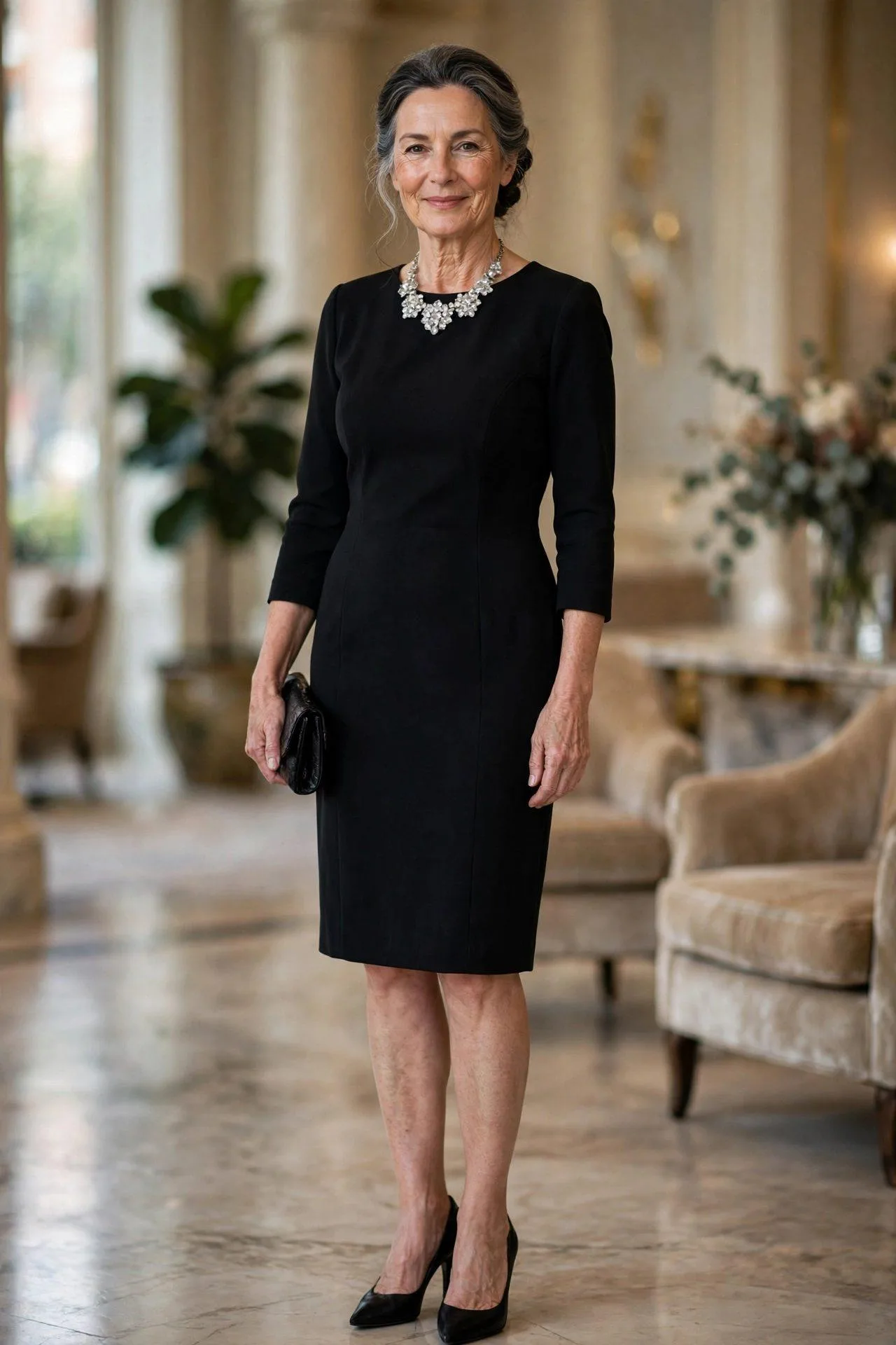 Refined woman in a timeless black sheath dress with a crystal necklace