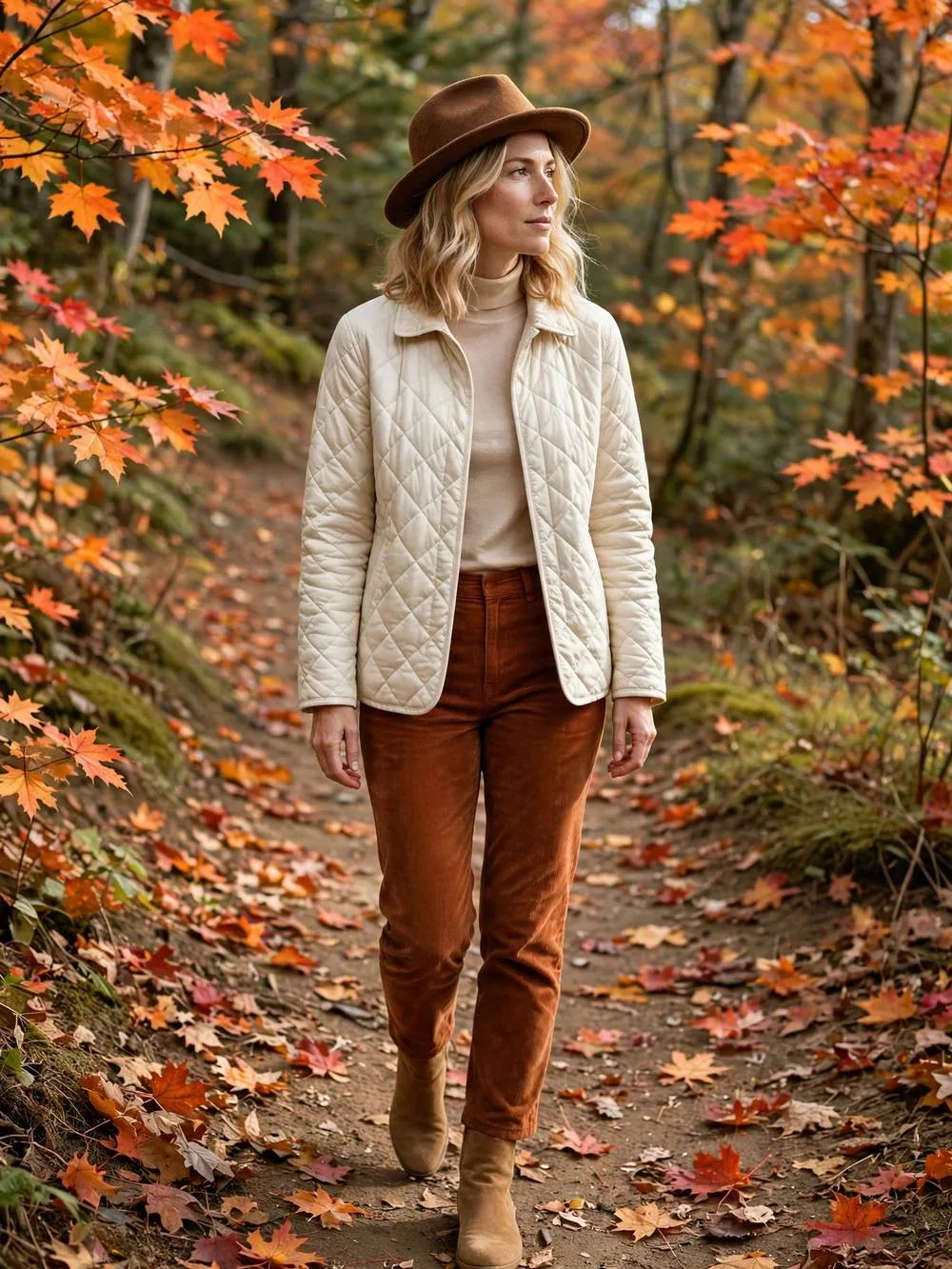Woman in quilted cream jacket and rust corduroys on a fall trail.
