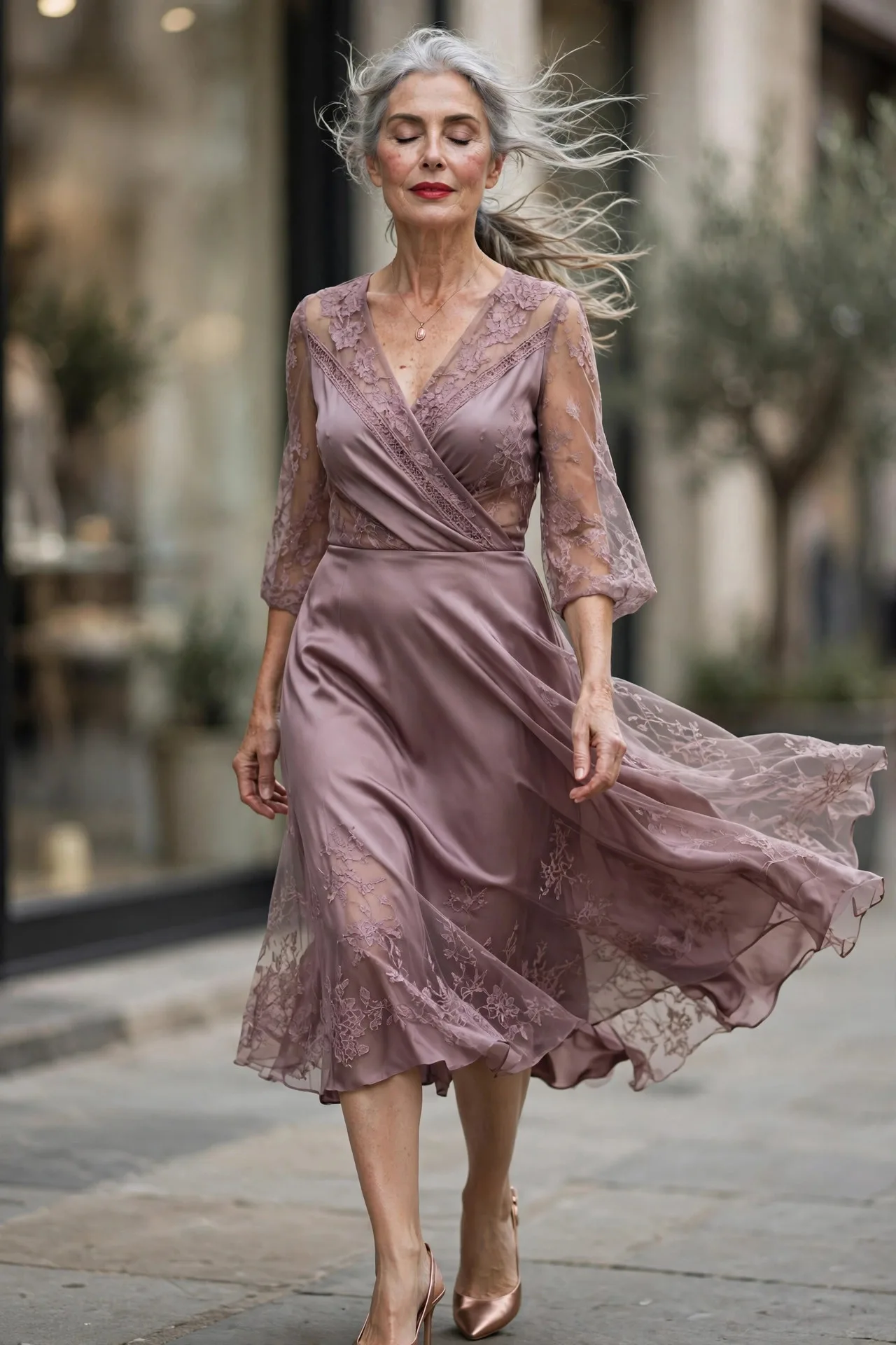 Graceful mature woman wearing mauve satin surplice midi dress