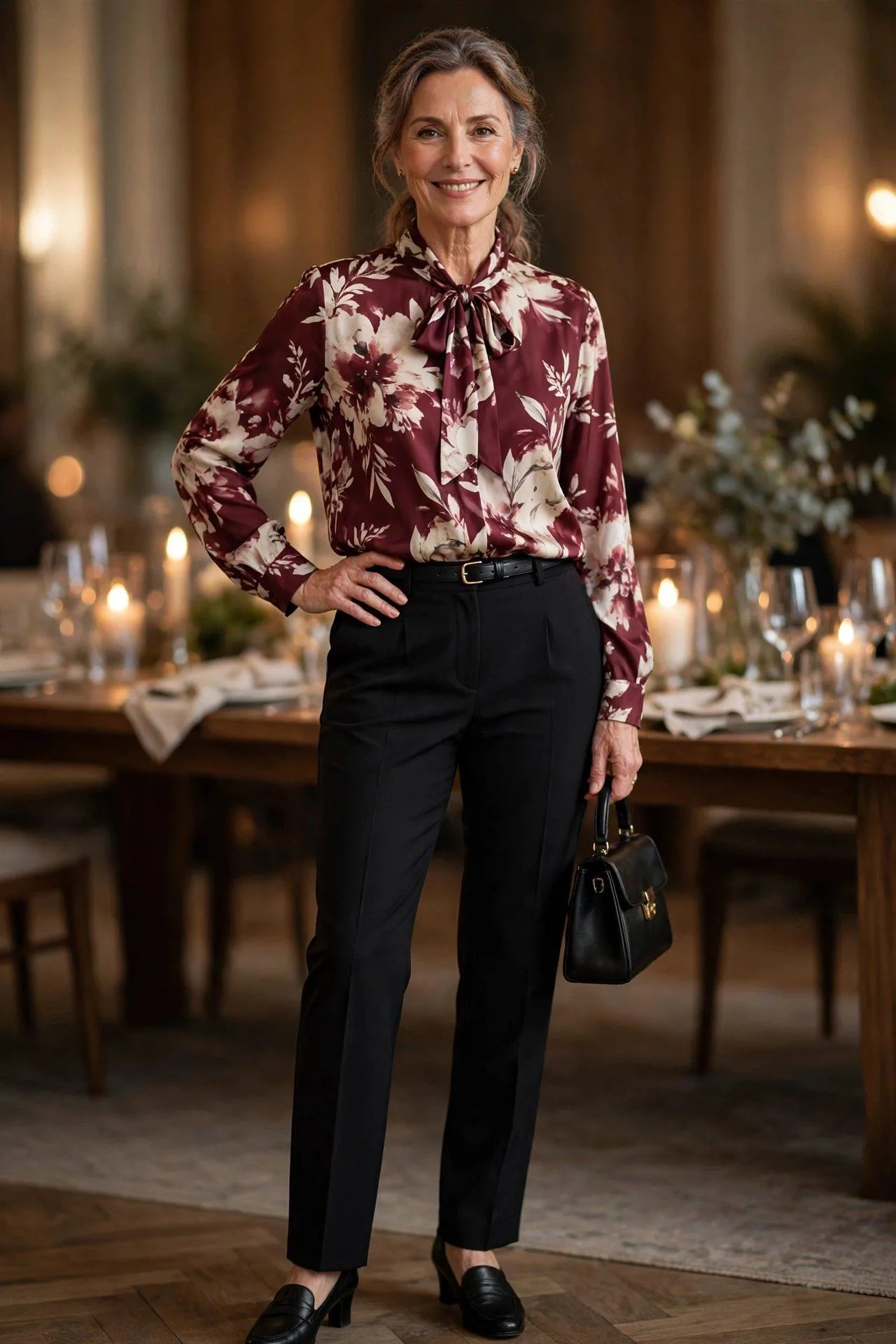 Festive woman in a burgundy bow-neck floral blouse tucked into black pants