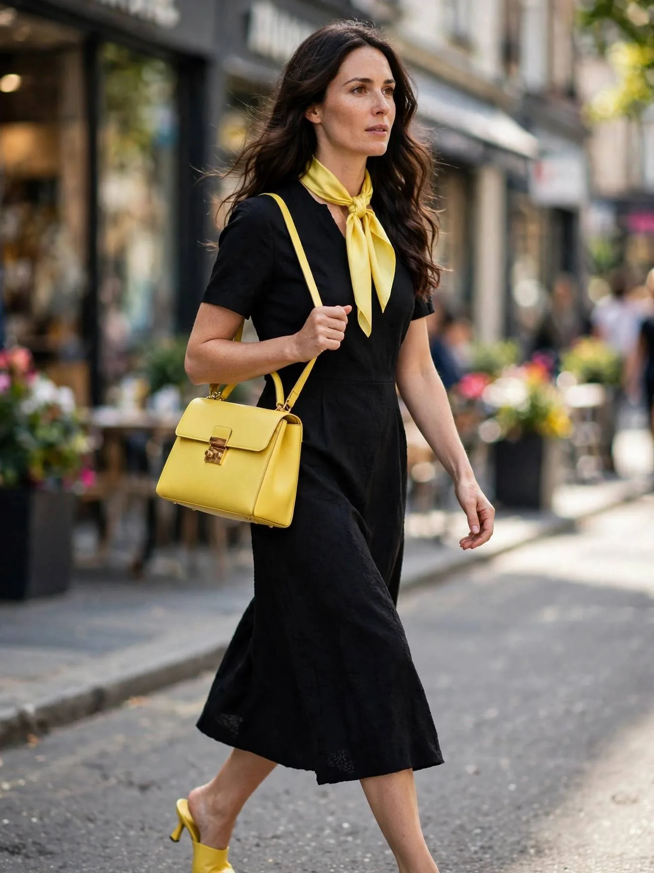 Woman styling yellow accessories, bag, scarf, and shoes, with neutrals.