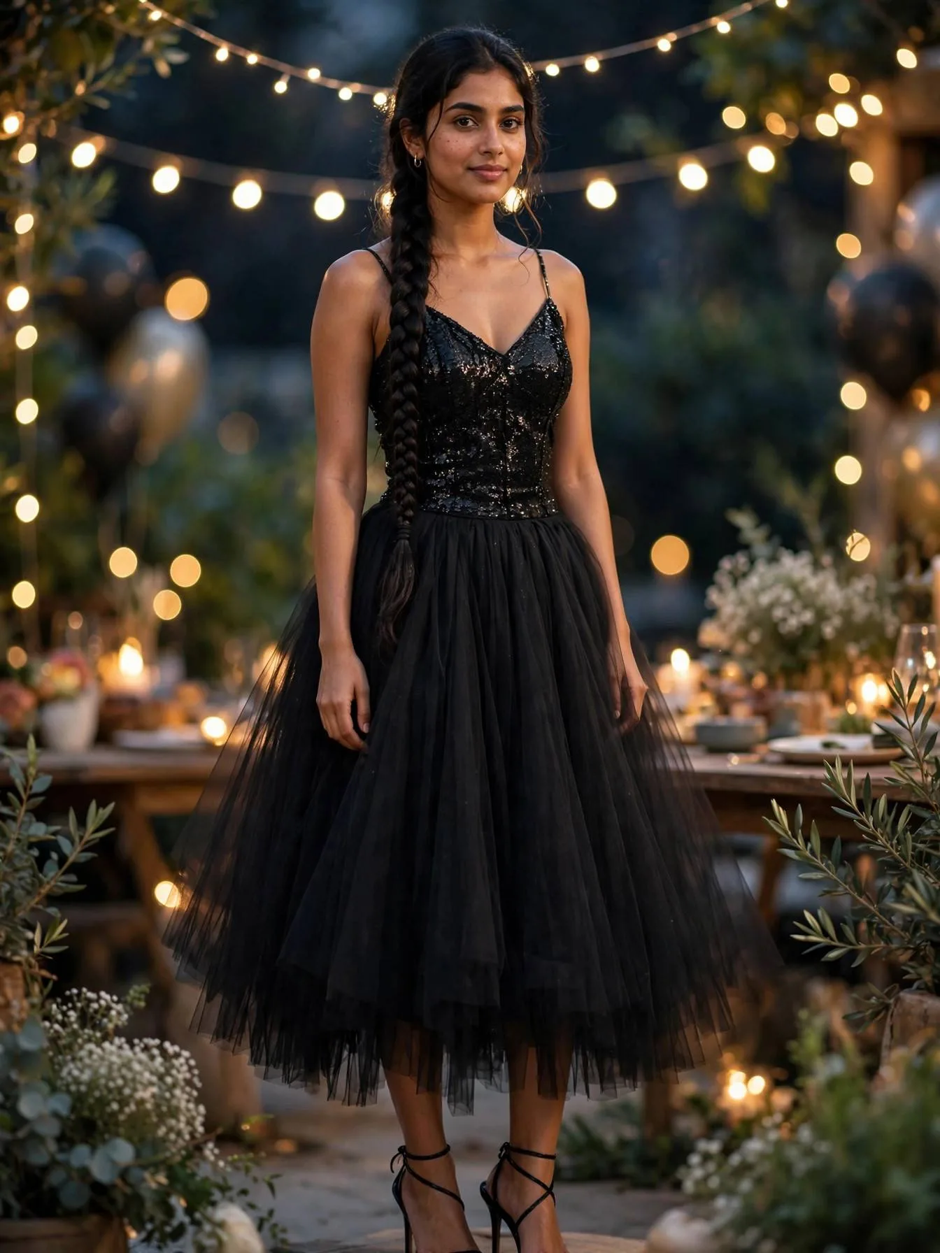 Black tulle midi skirt paired with a sequin top and strappy heels.