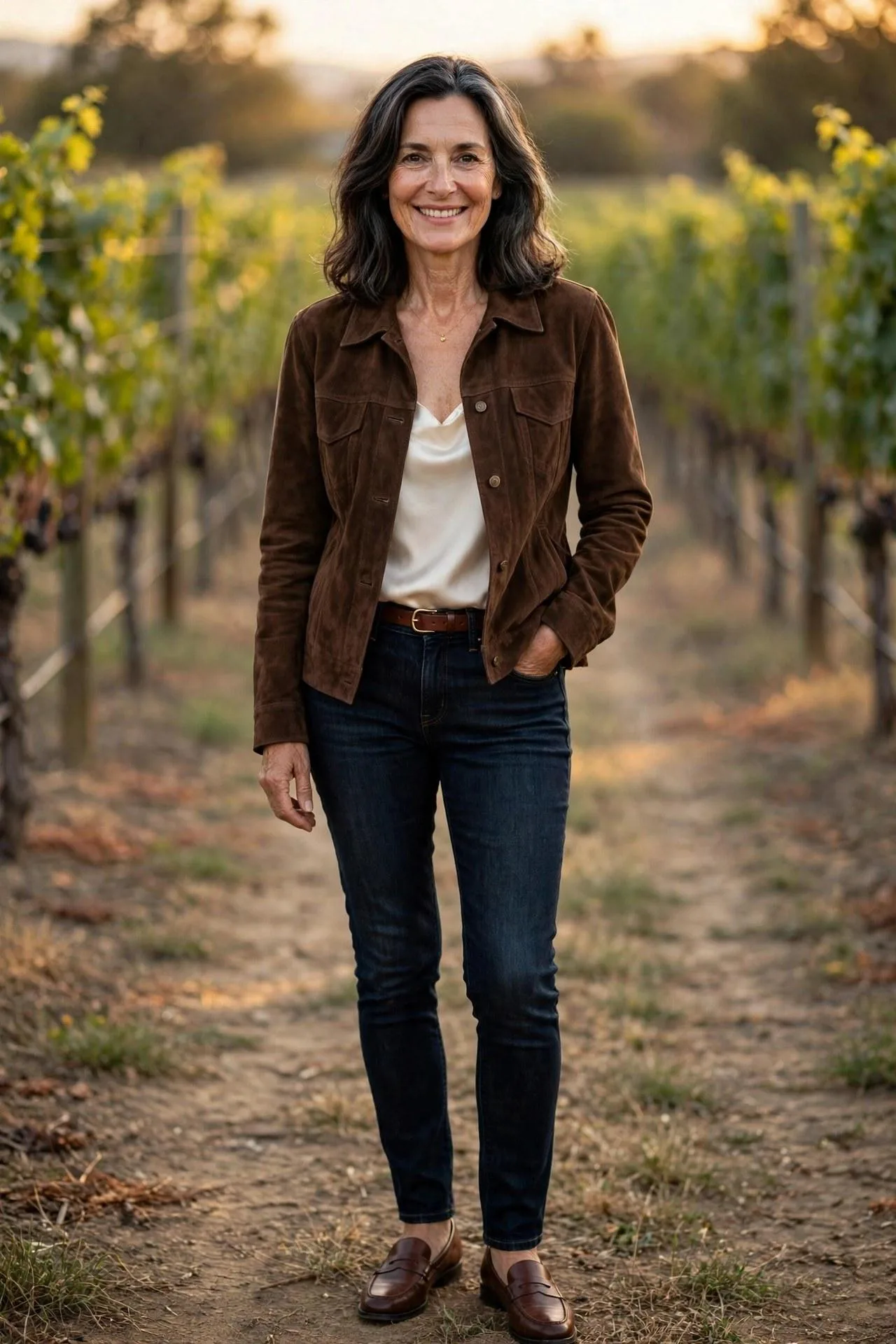 Glowing woman in an espresso suede jacket, ivory top and dark denim among vineyard rows — rich wardrobe essentials with natural chic style.