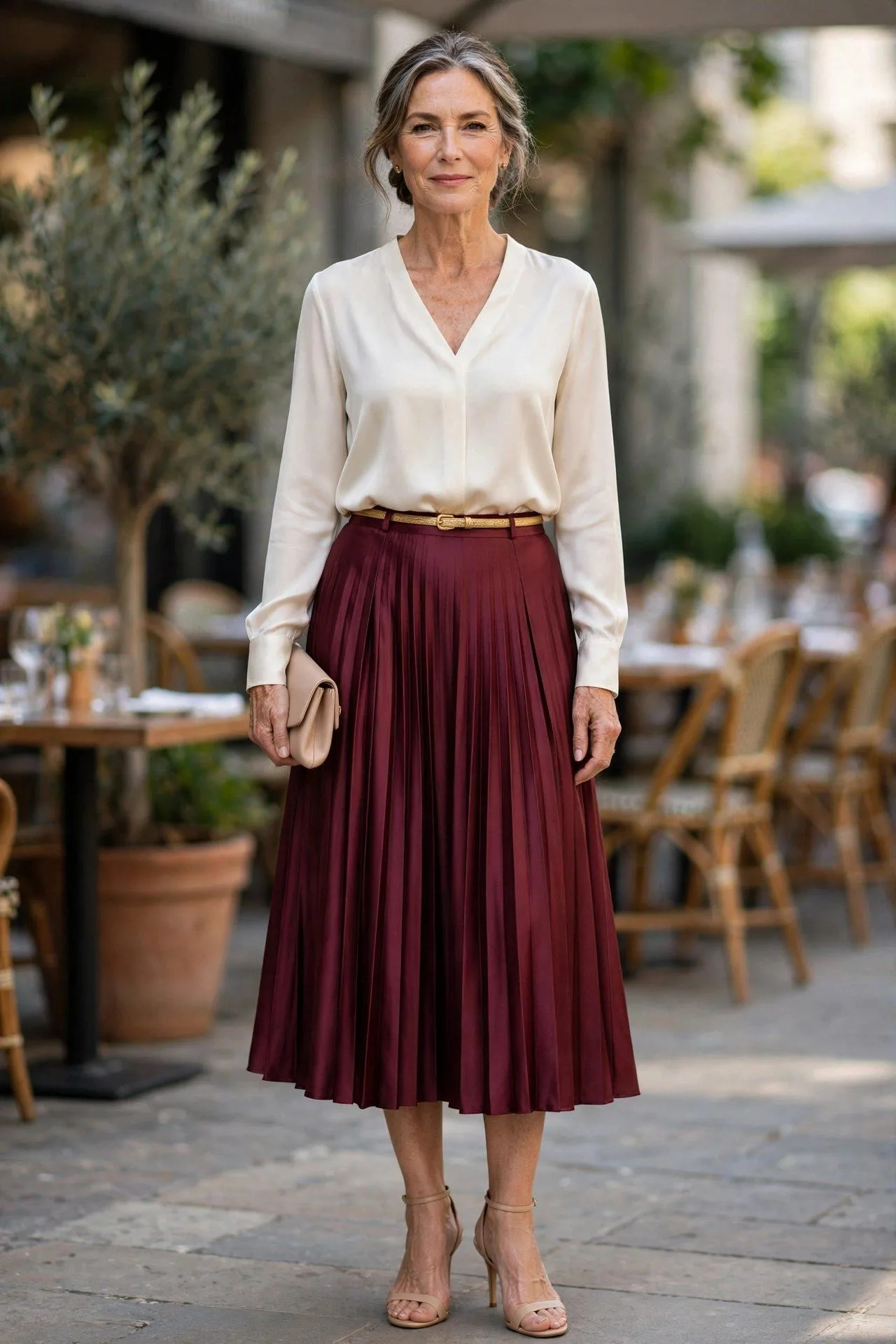 Polished woman over fifty in a burgundy pleated midi skirt and cream blouse