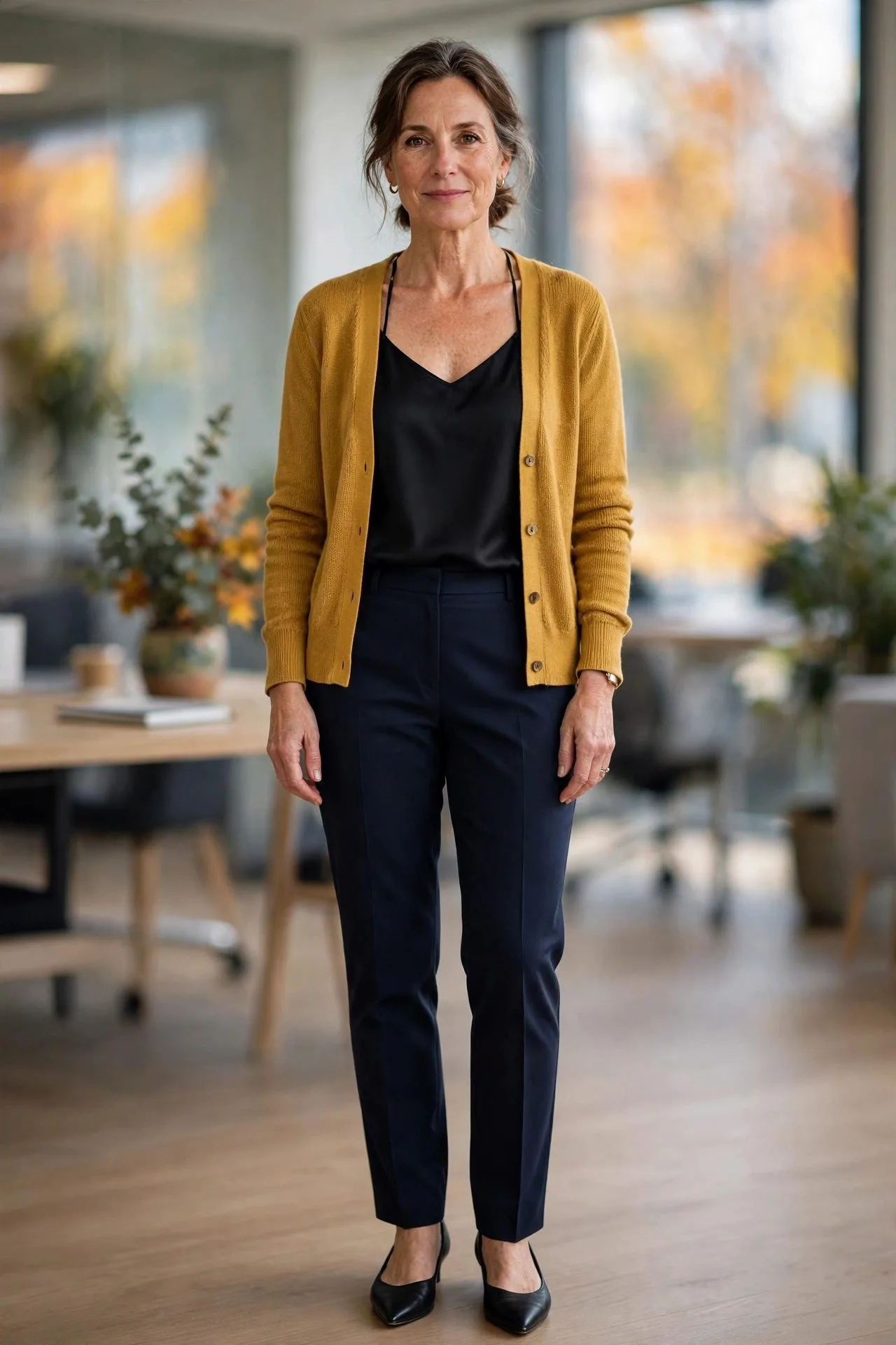 Woman over 50 wearing mustard cardigan with navy tailored trousers.