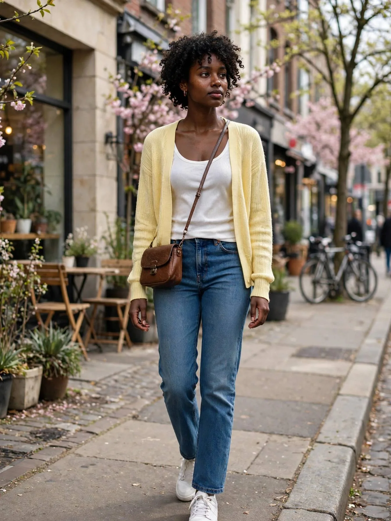 Woman in a pale yellow cardigan with white tank and jeans.