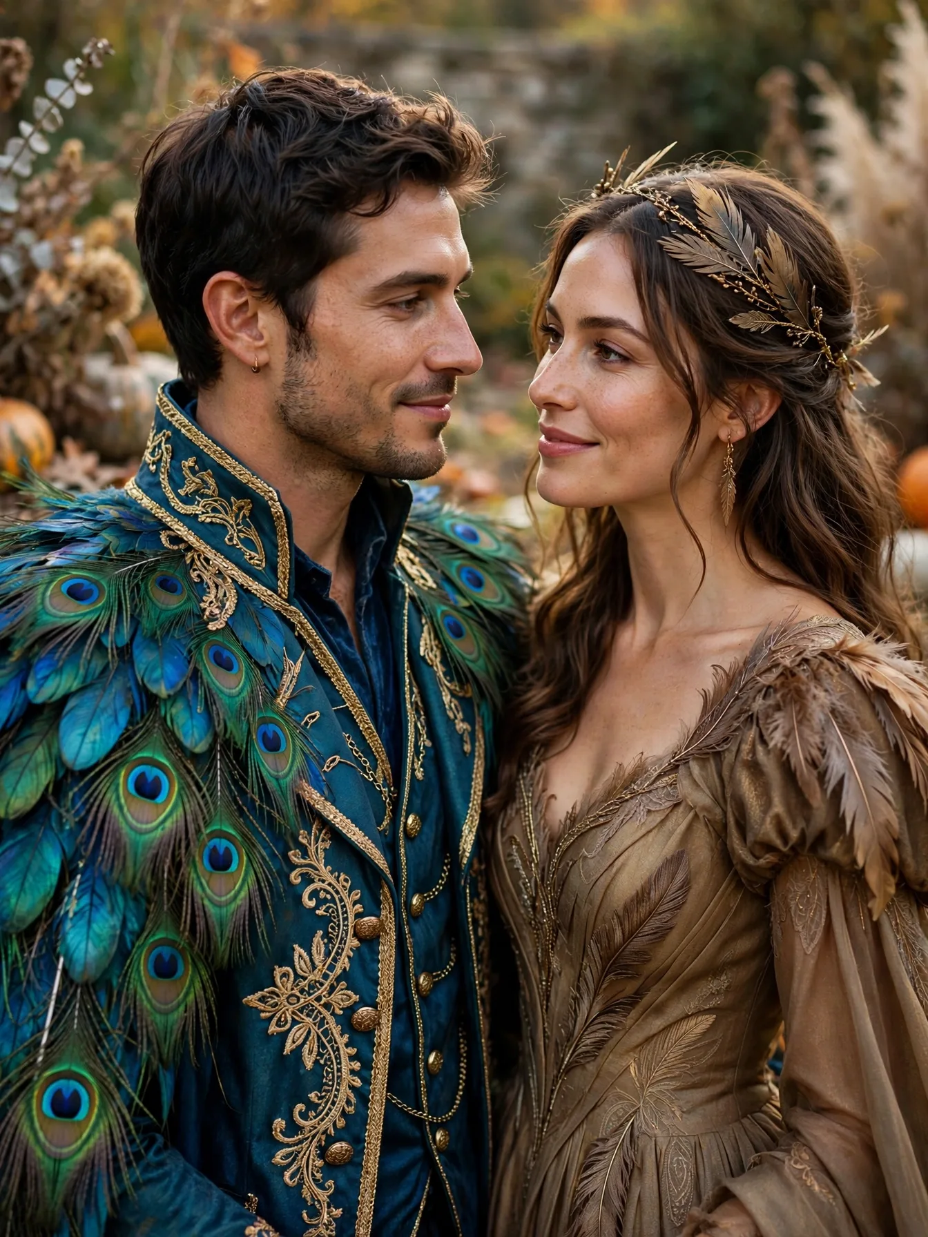 An elegant couple as peacock and peahen with iridescent feathers and gold.