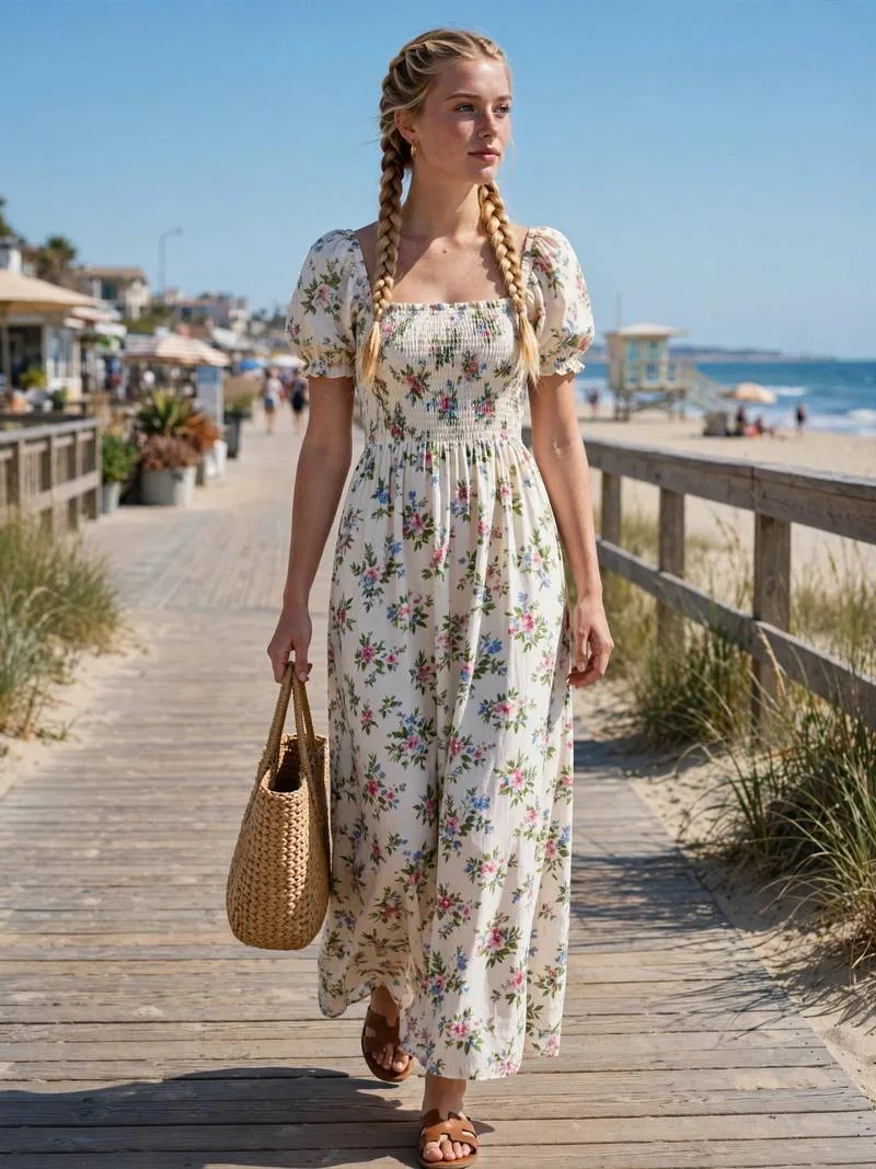 Smocked floral sundress maxi with woven tote on a beach boardwalk.