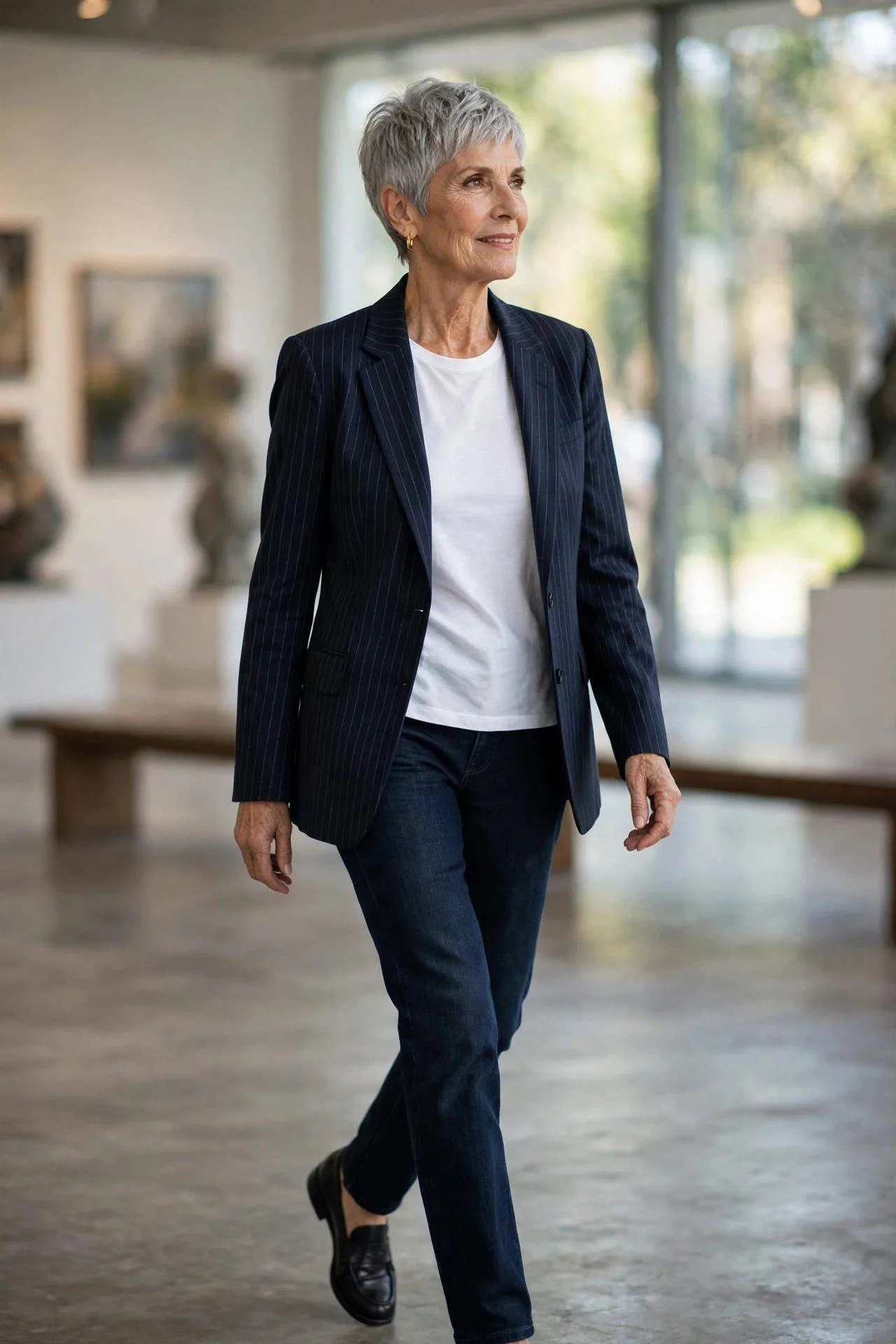 Creative professional in striped blazer, white tee and dark denim