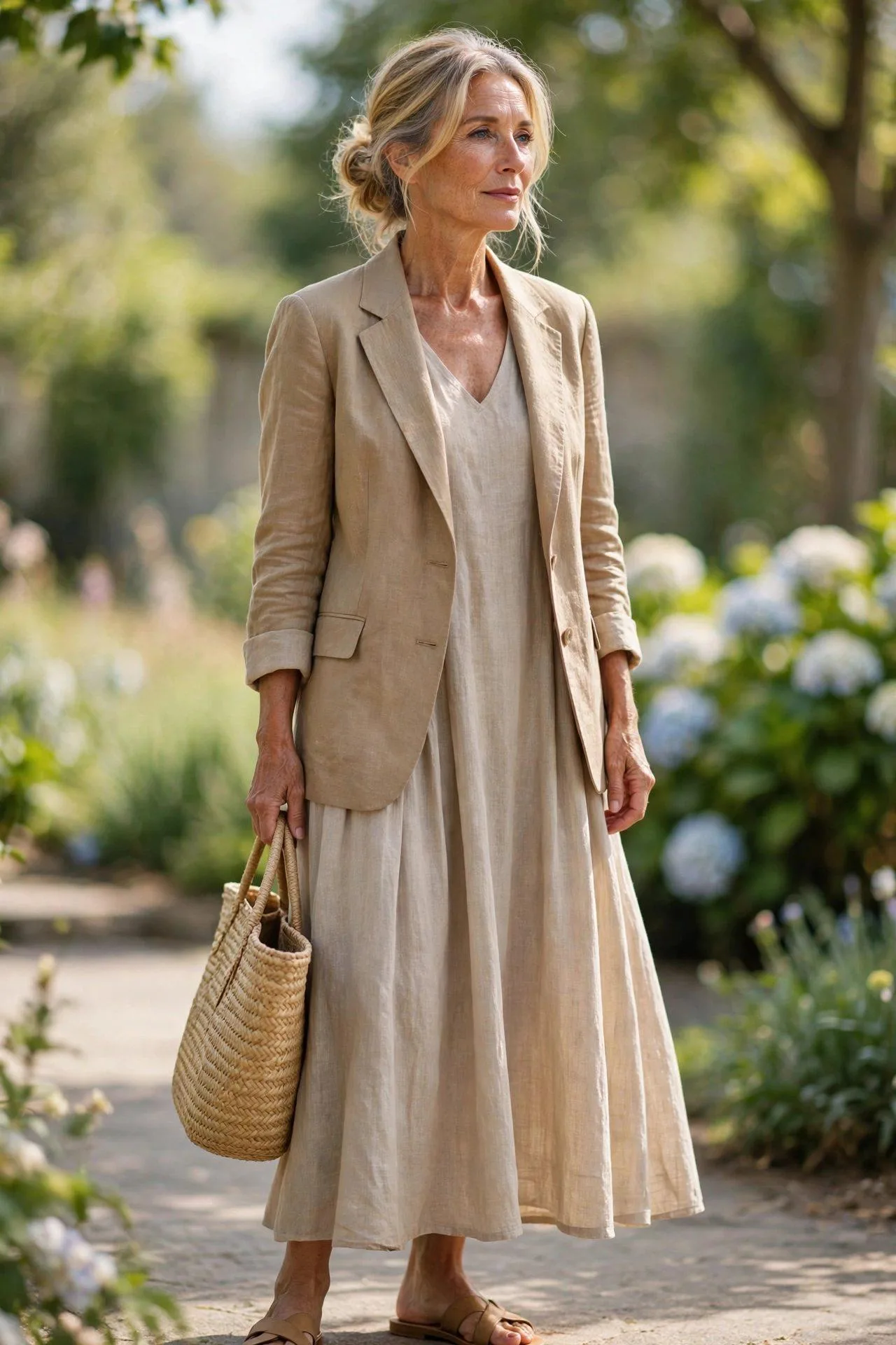 Monochrome beige linen ensemble with soft jacket and flowing dress