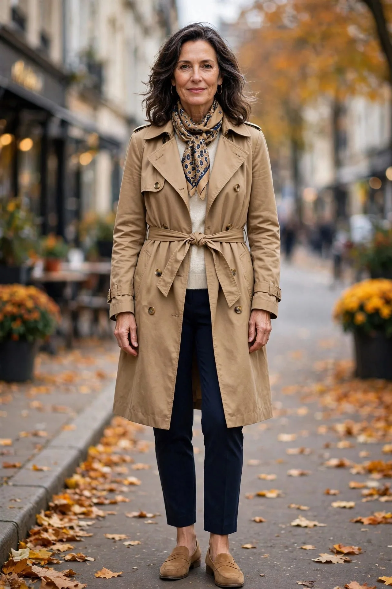 Woman over 50 wearing trench coat with silk scarf and ankle pants.