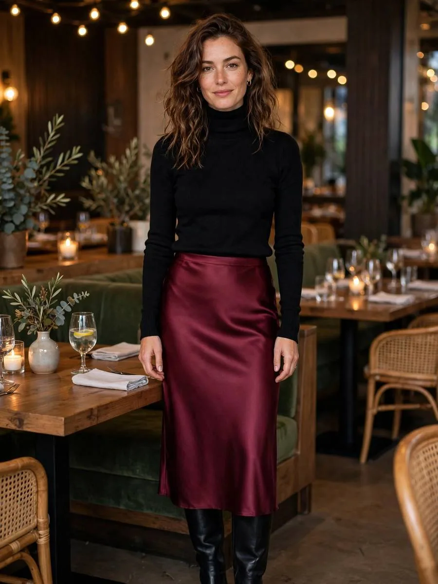 Black Turtleneck + Burgundy Satin Slip Skirt