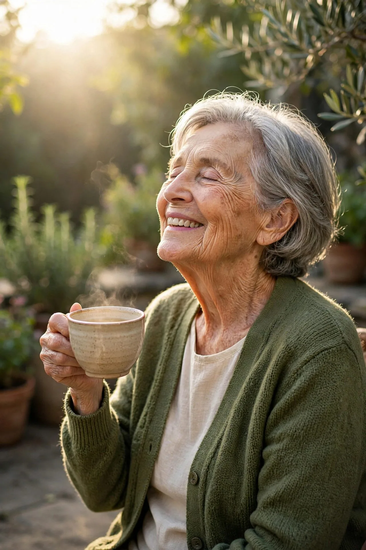 Senior woman walking outdoors in bright morning sunlight.