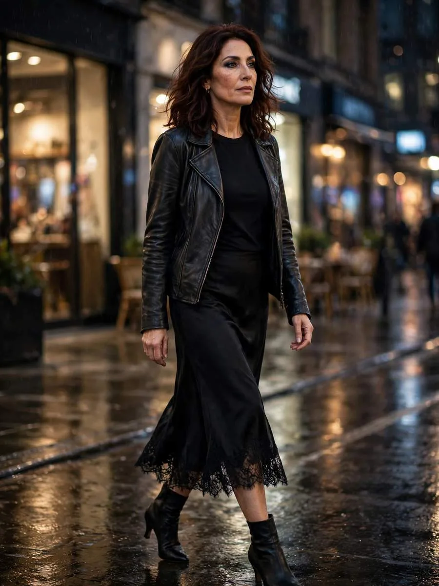 Woman wearing a lace-trim midi slip skirt with heeled boots.