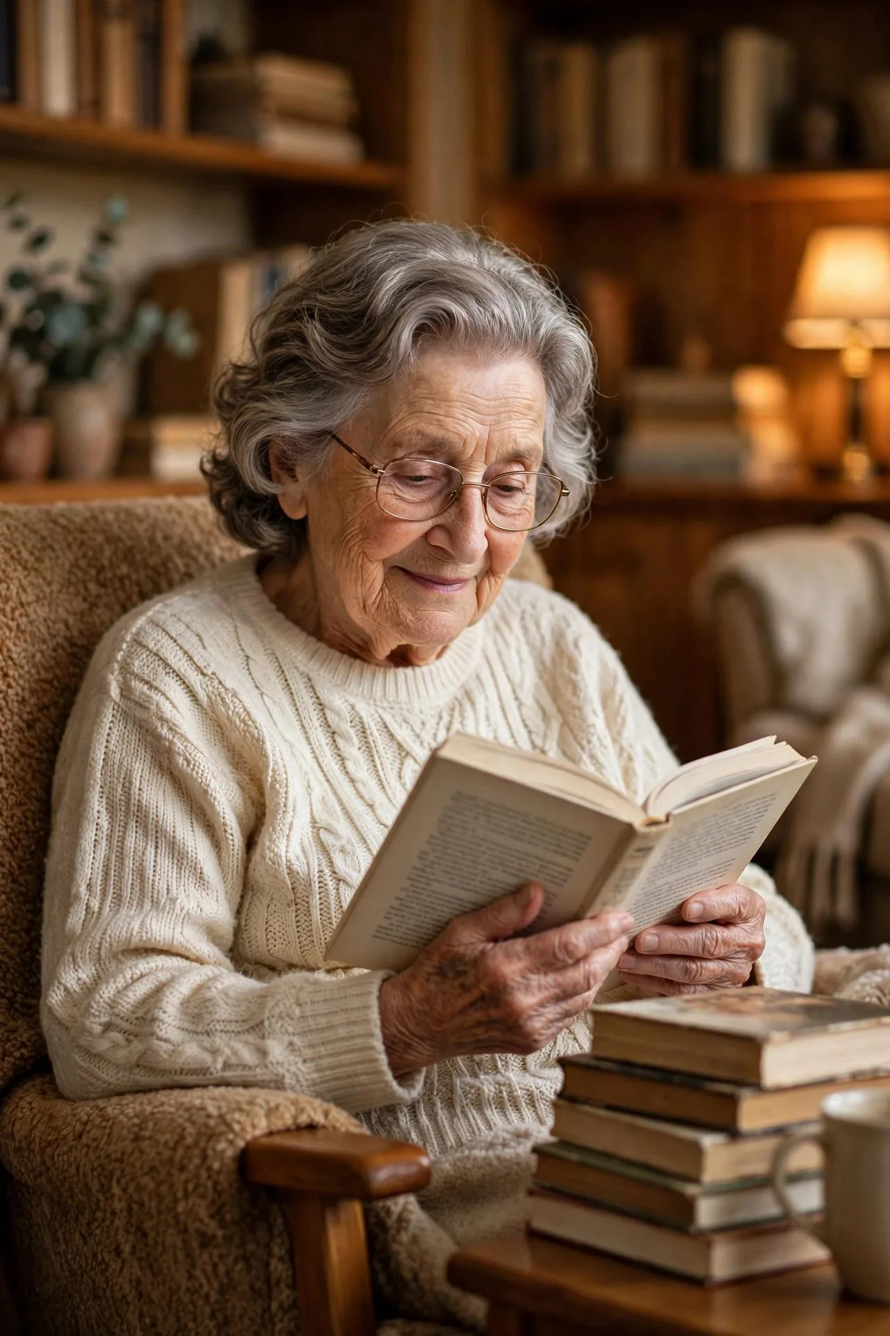 Older woman reading a novel in a cozy sunlit armchair.