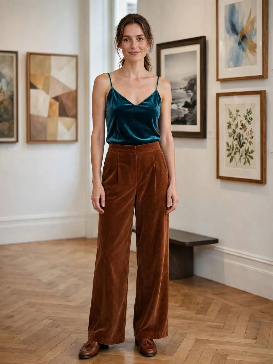 Corduroy Wide-Legs + Velvet Camisole