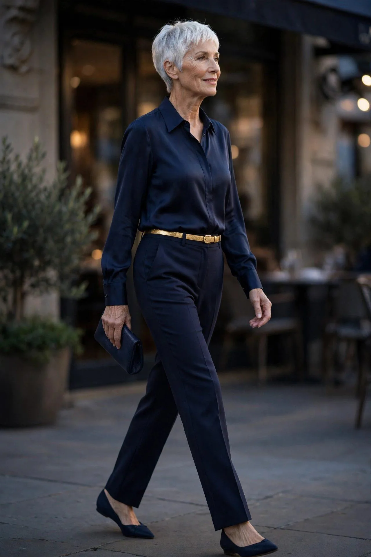 Minimalist older woman in an all-navy outfit accented with a gold belt