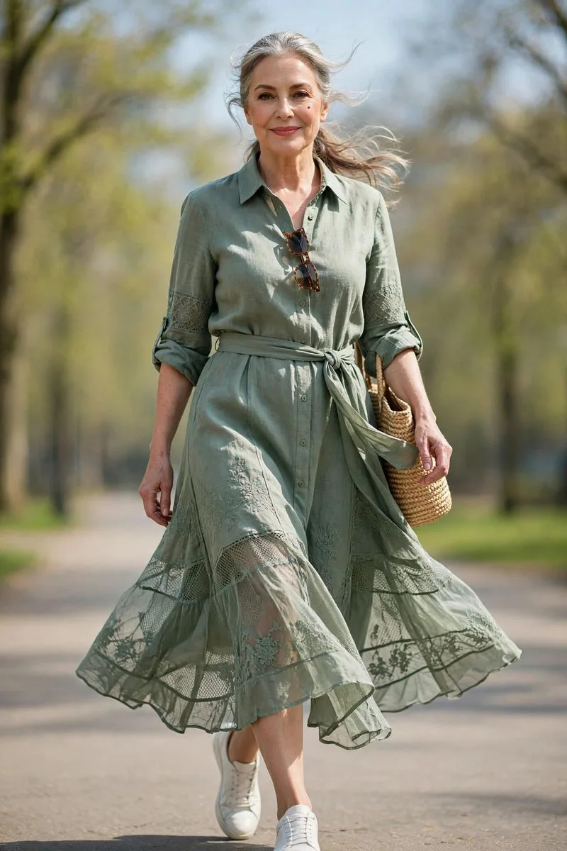 Graceful older woman mid-stride on a leafy path in a linen dress and walking shoes.