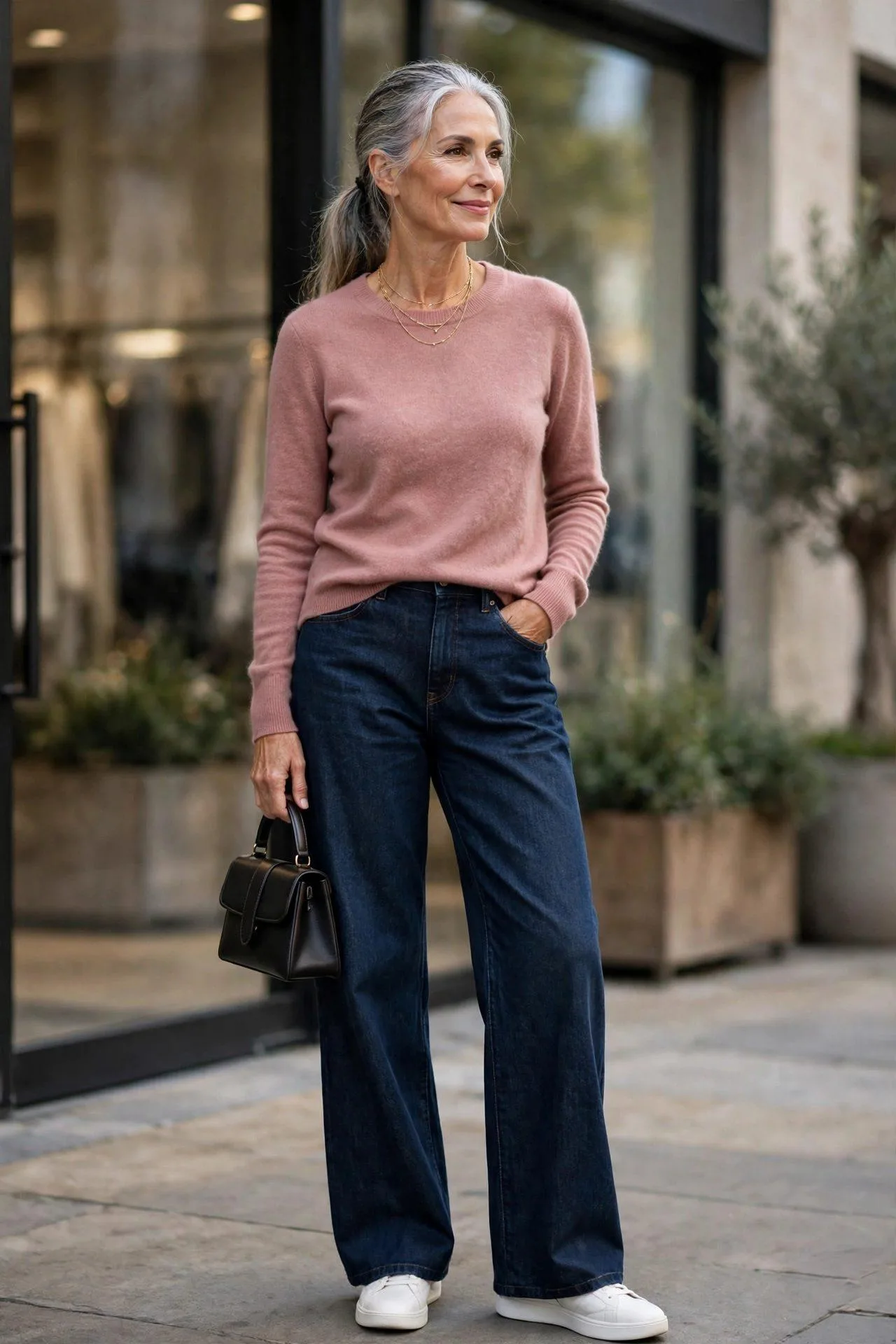 Graceful woman over 50 in rose cashmere knit with clean dark denim jeans