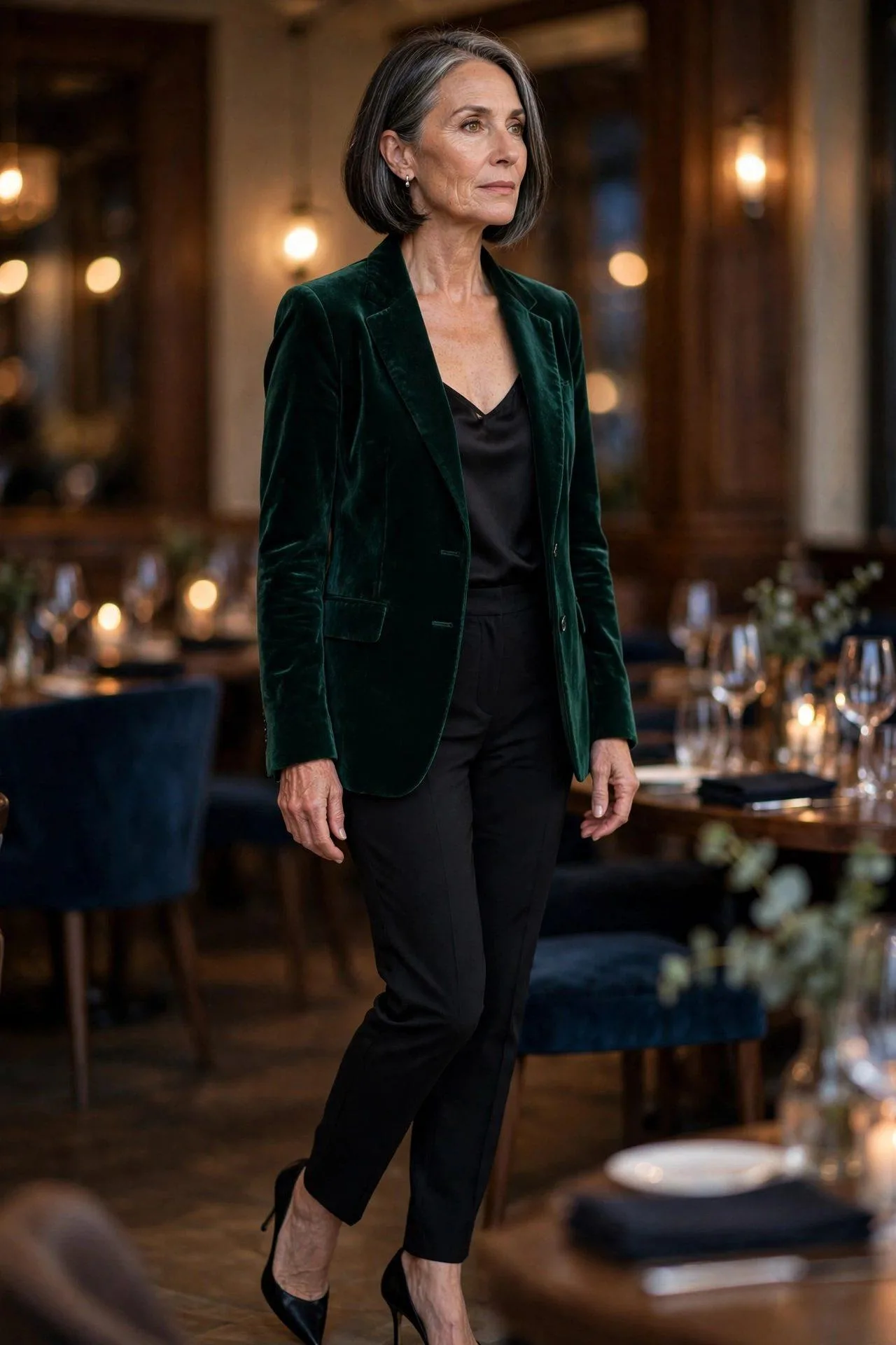 Sophisticated mature woman in a deep green velvet blazer with black evening trousers.