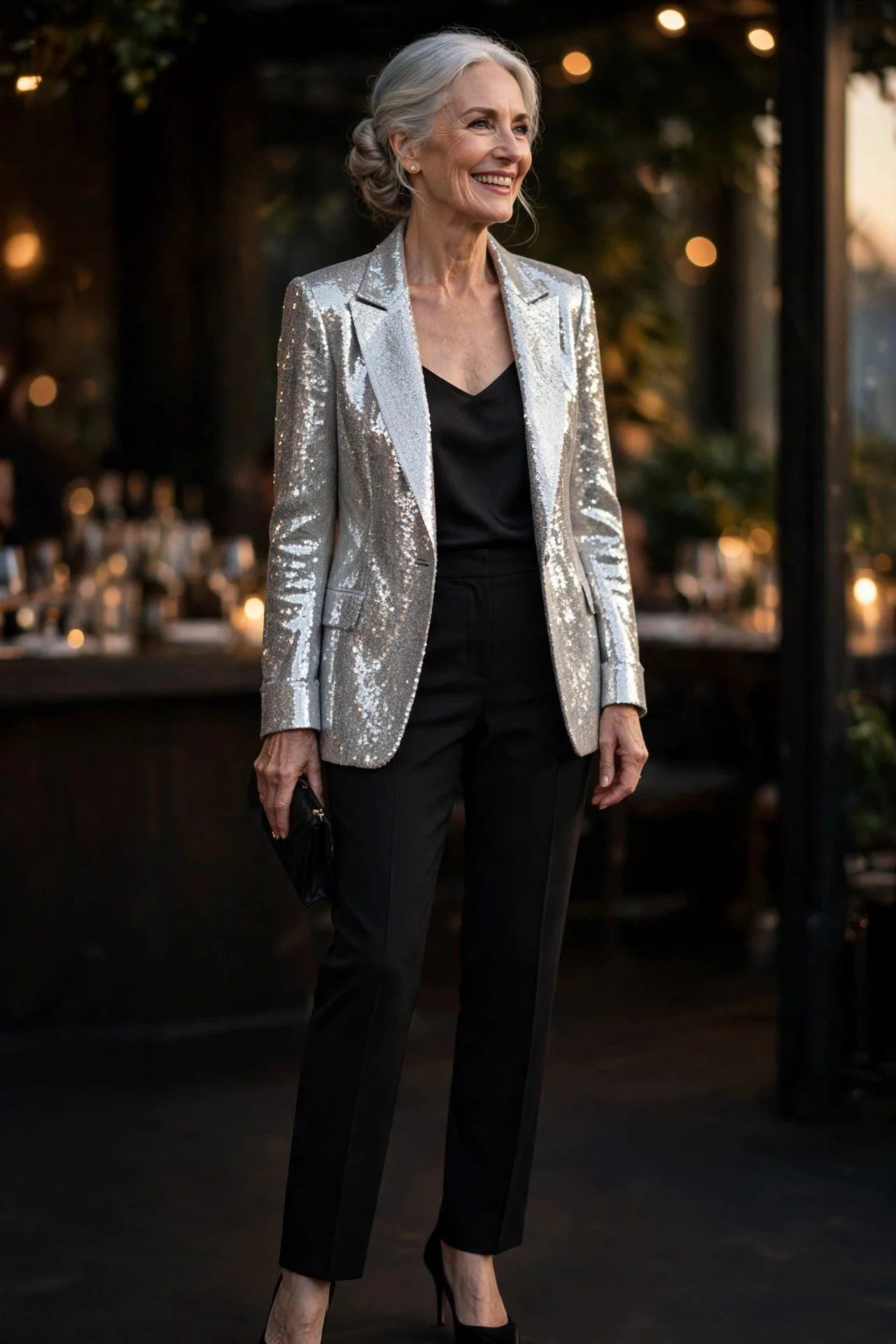 Glamorous senior guest in a silver sequin blazer with black evening trousers