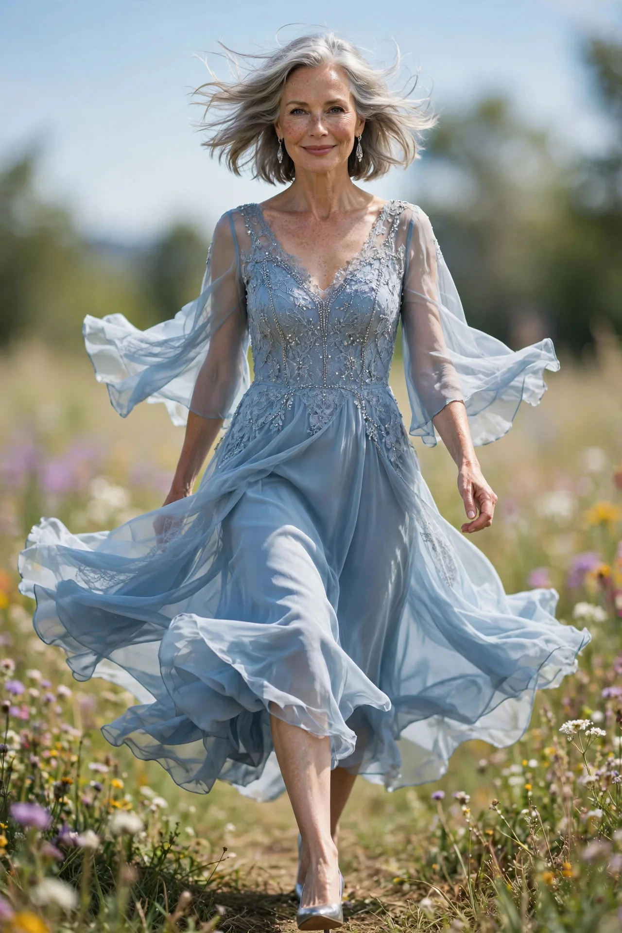 Lovely mature woman in powder blue chiffon dress with beaded bodice