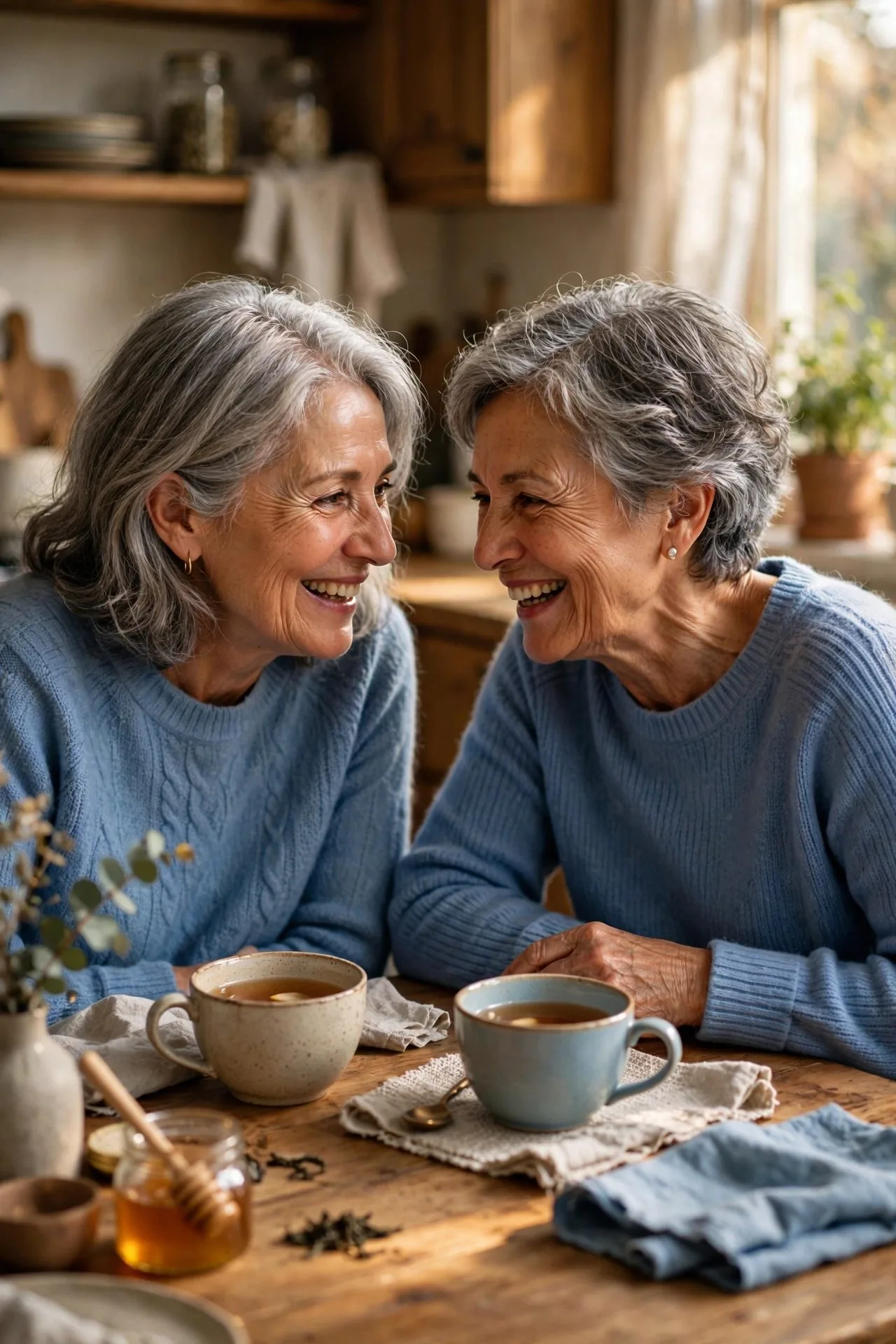 Two older women friends embracing warmly during coffee date