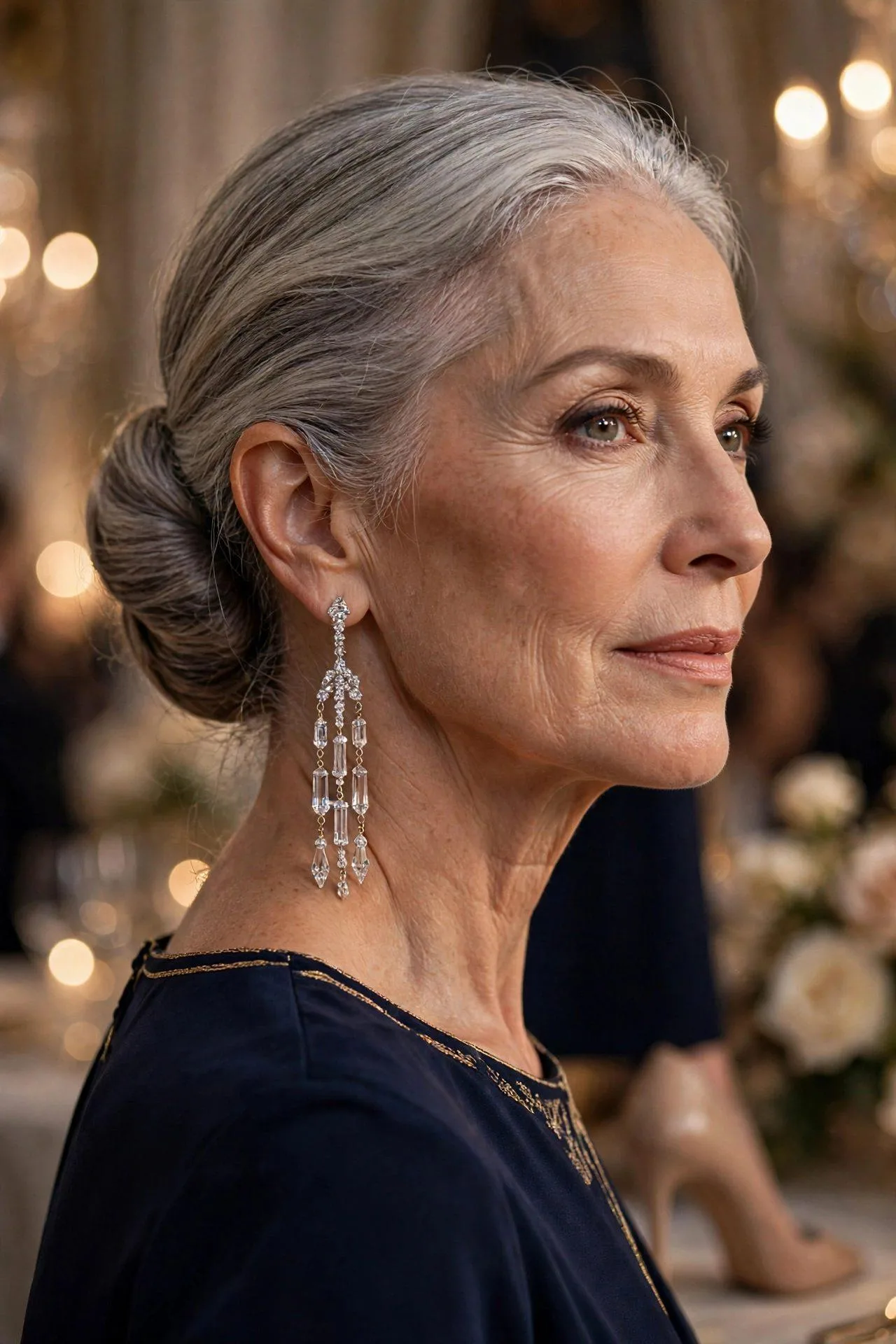 Articulated crystal drop earrings catching light beside a sleek chignon.