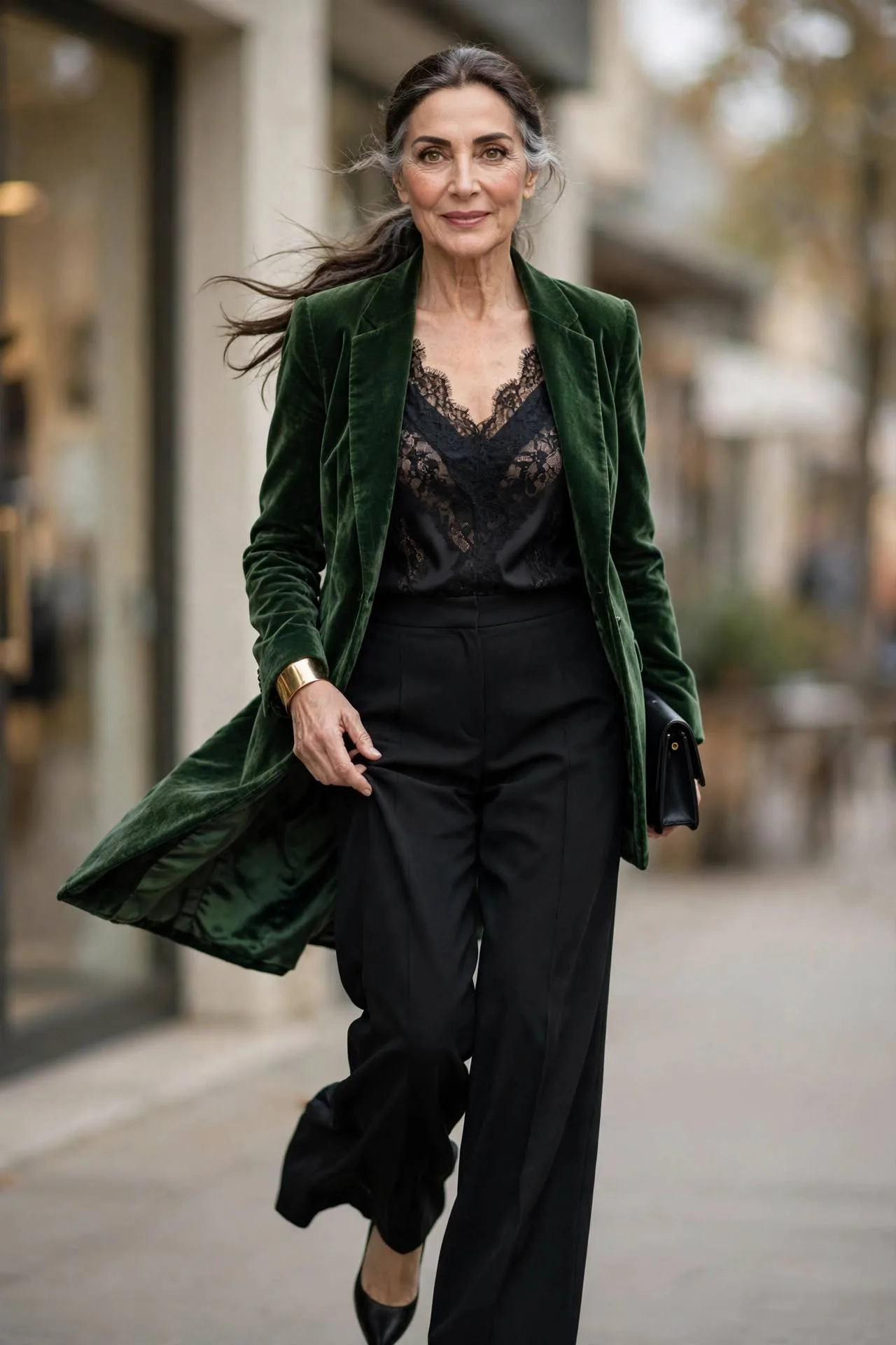 Stylish woman wearing forest green velvet blazer and wide-leg trousers