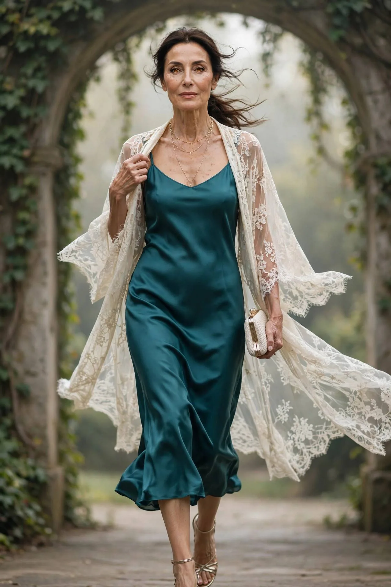 Mature woman layering teal satin slip dress with lace kimono
