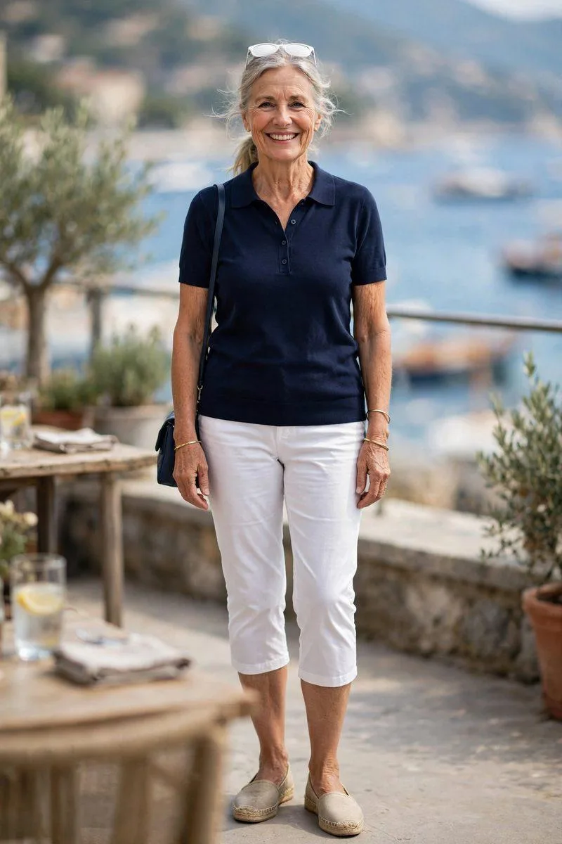 Vibrant woman in her early 60s in a navy fine-knit polo, white below-knee capris and jute espadrilles by the sea